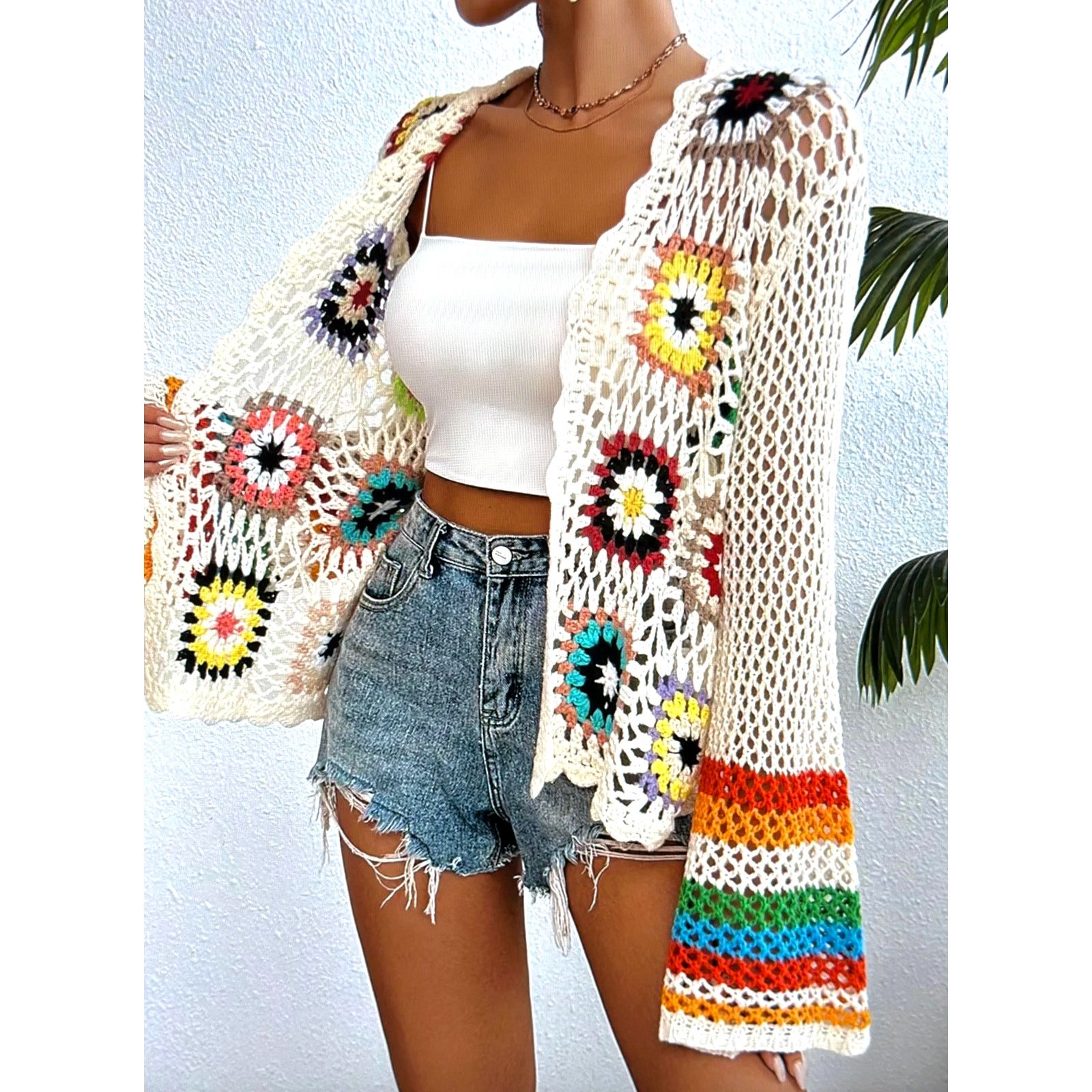 Other Retro Crochet Open Front Boho Cardigan Beige M (6) Size M / US 6-8 / IT 42-44 - 2 Thumbnail