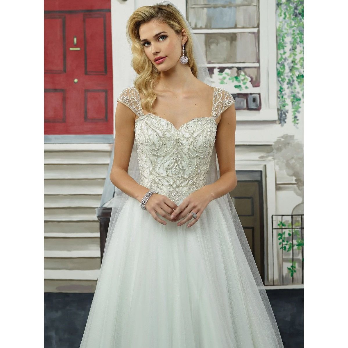 Other JUSTIN ALEXANDER White Silver Beaded Tulle Wedding Dress Size M / US 6-8 / IT 42-44 - 2 Thumbnail