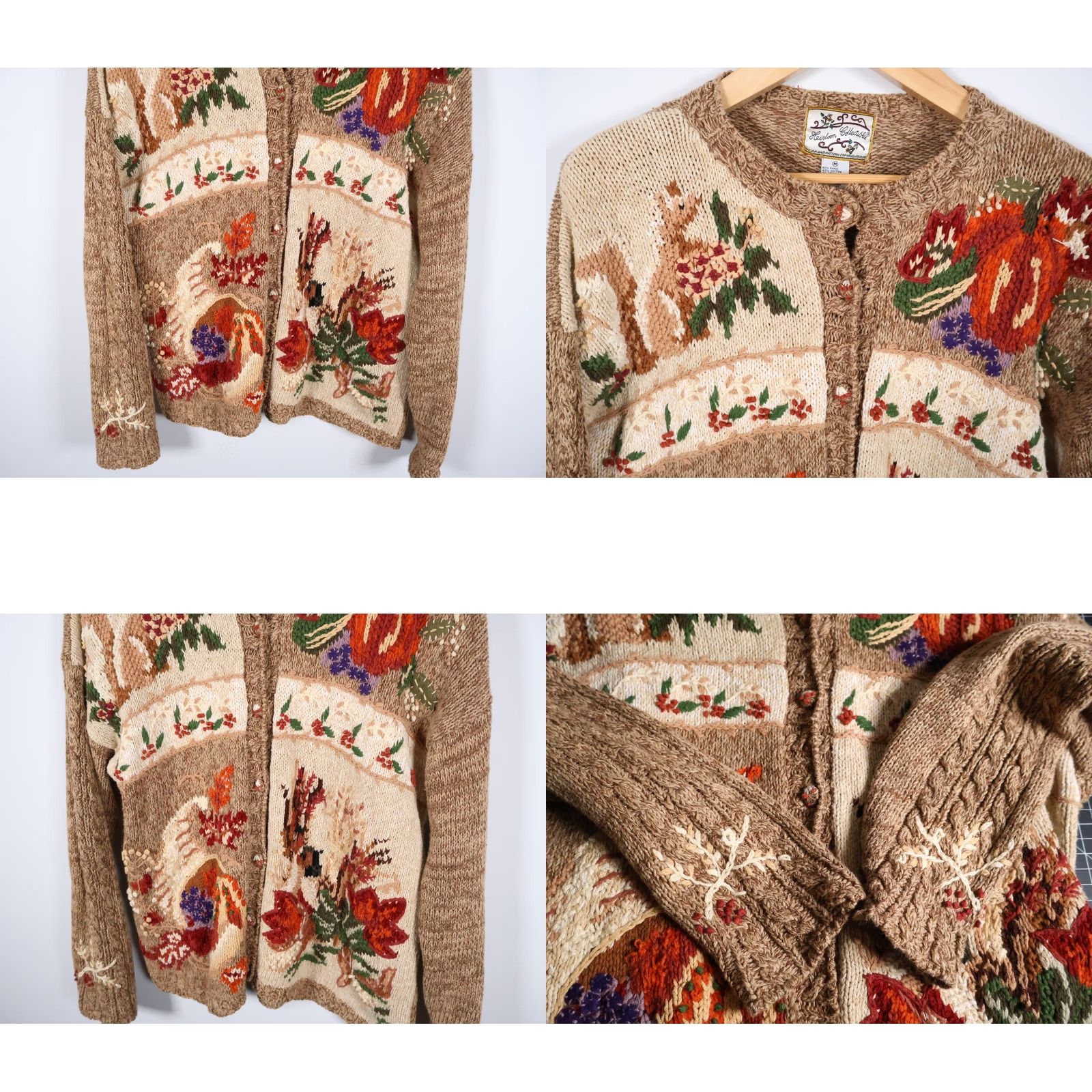 Vintage VINTAGE Heirloom Collectibles Cardigan Women’s Medium Beige Embroidered Autumn Harvest Knit Sweater Size M / US 6-8 / IT 42-44 - 8 Thumbnail
