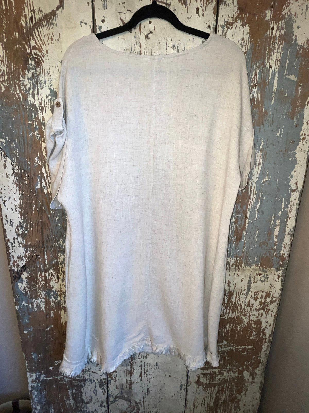 Designer Umgee Linen blend Dress light tan color Medium, fringe hem Size M / US 6-8 / IT 42-44 - 5 Thumbnail