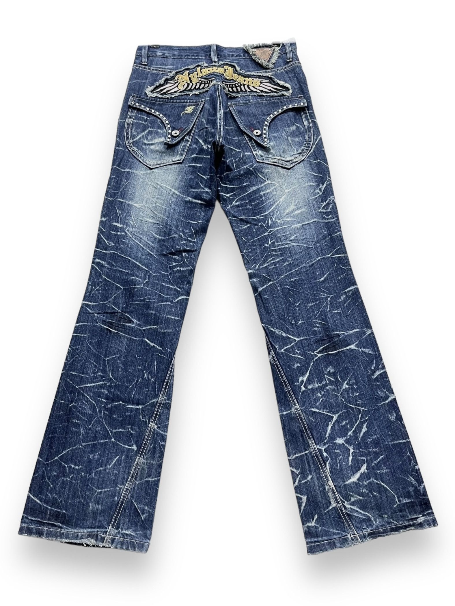 Fashion Victim NYLAUS Long Flap Studded Embroidery Winged Acid Wash Flared Size US 31 - 3 Thumbnail