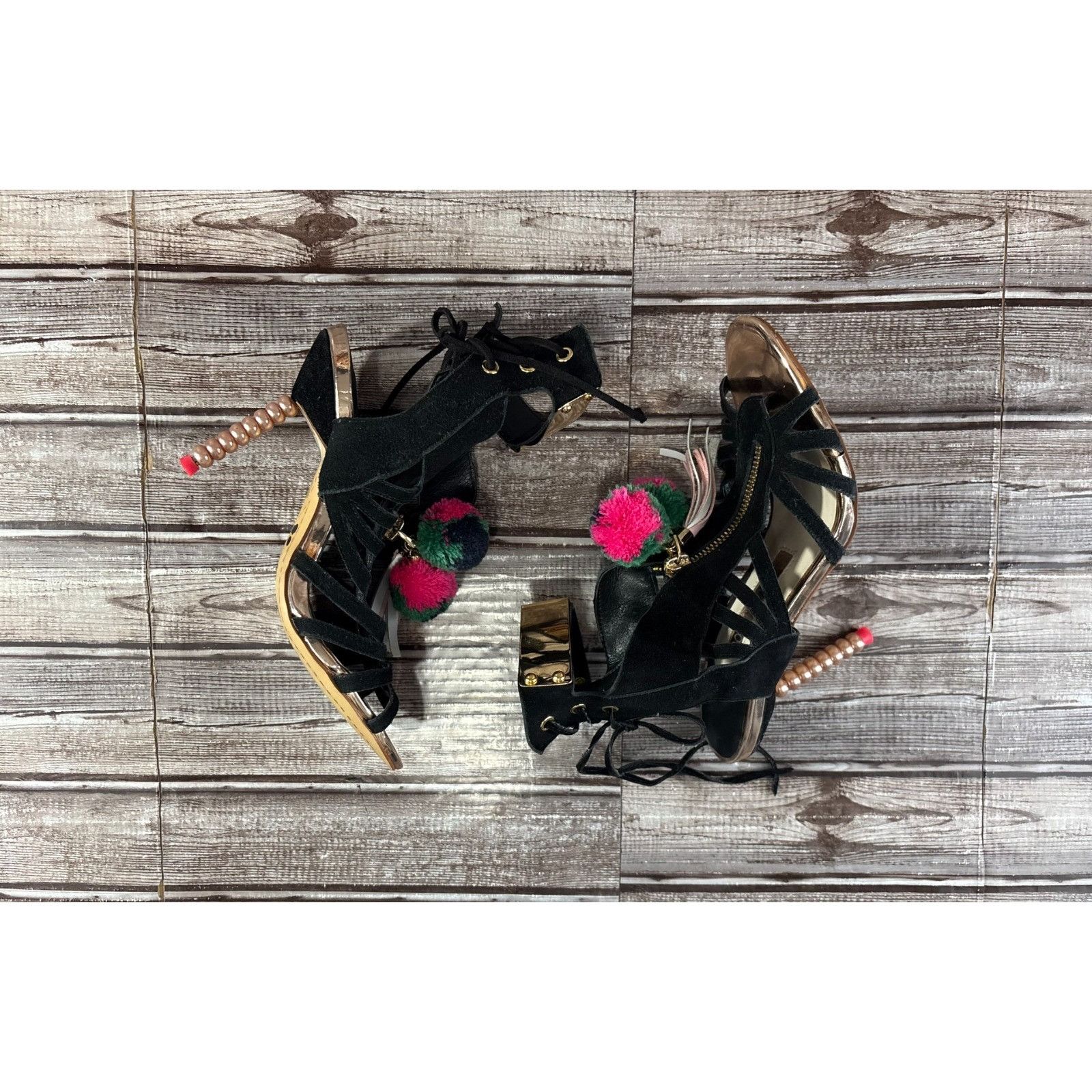 Sophia Webster Sophia Webster Gold Mirrored Leather Yasmina Pom Pom Sandals Size US 7 / IT 37 - 6 Thumbnail
