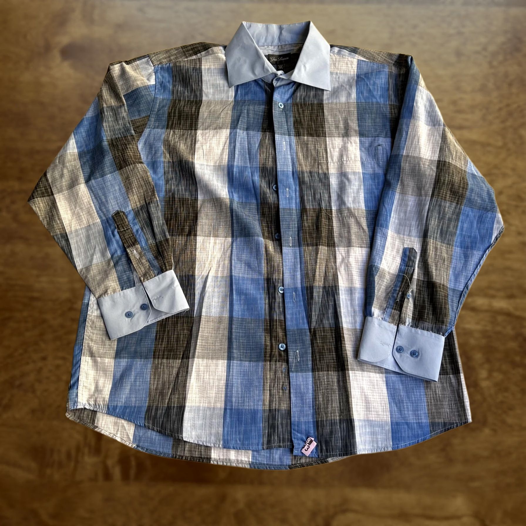 Vintage Gino Lussari Dress Shirt Mens 17.5 34/35 Blue Plaid Long Sleeve Button Front Continuous Cuff Collar Shirt Size 48R - 1 Thumbnail