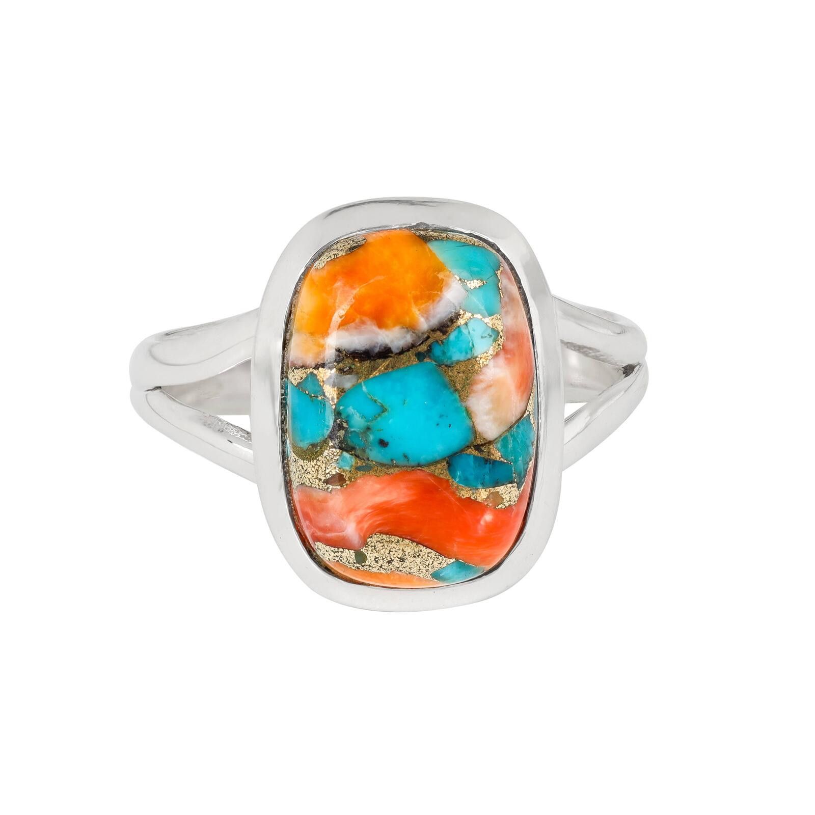 The Unbranded Brand Sterling Silver Orange and Turquoise Stone Ring Size 7 Size ONE SIZE - 1 Thumbnail
