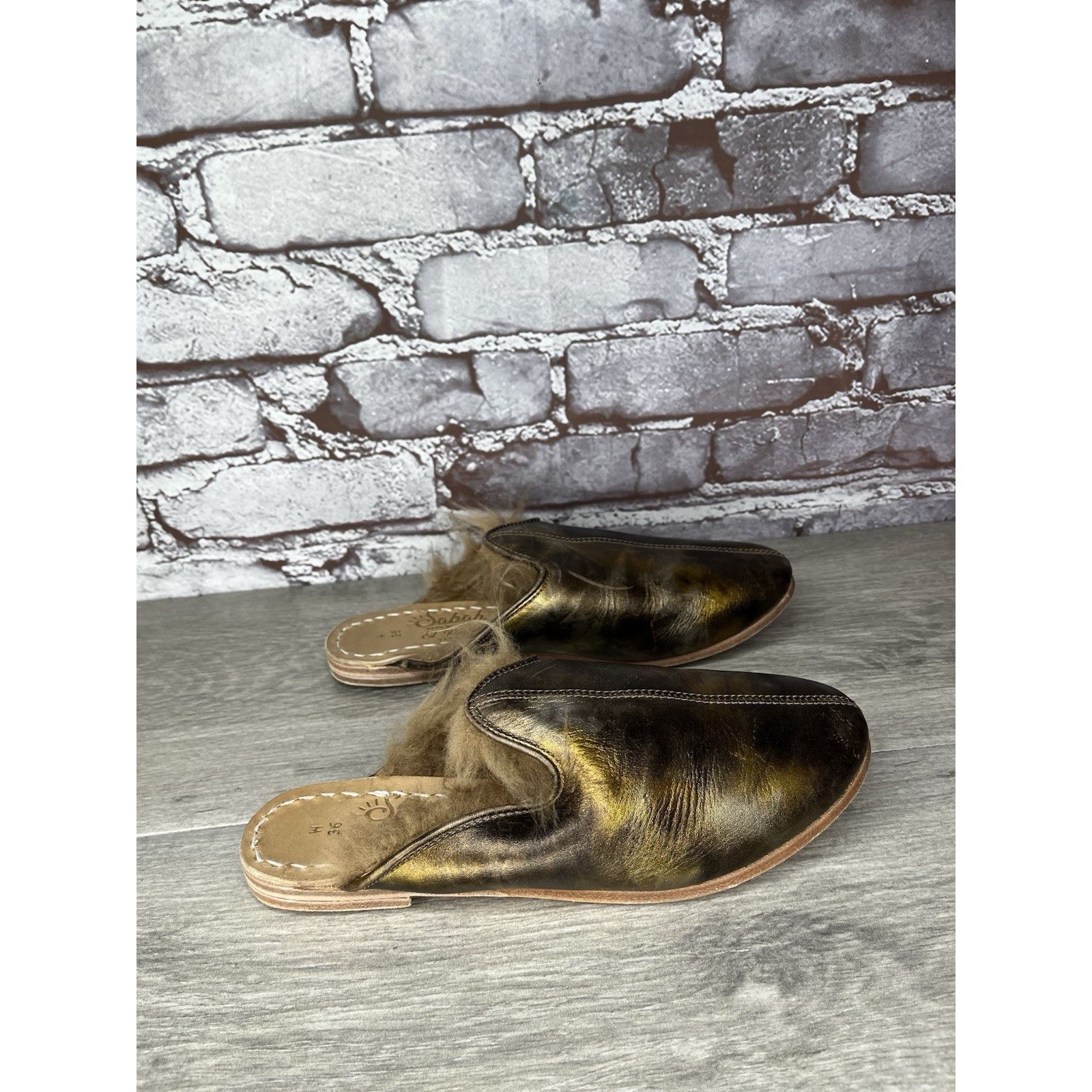 Saba Sabah Baba Big Bend Olive Shearling Bronze Slippers Mules Fl Size US 6 / IT 36 - 7 Thumbnail