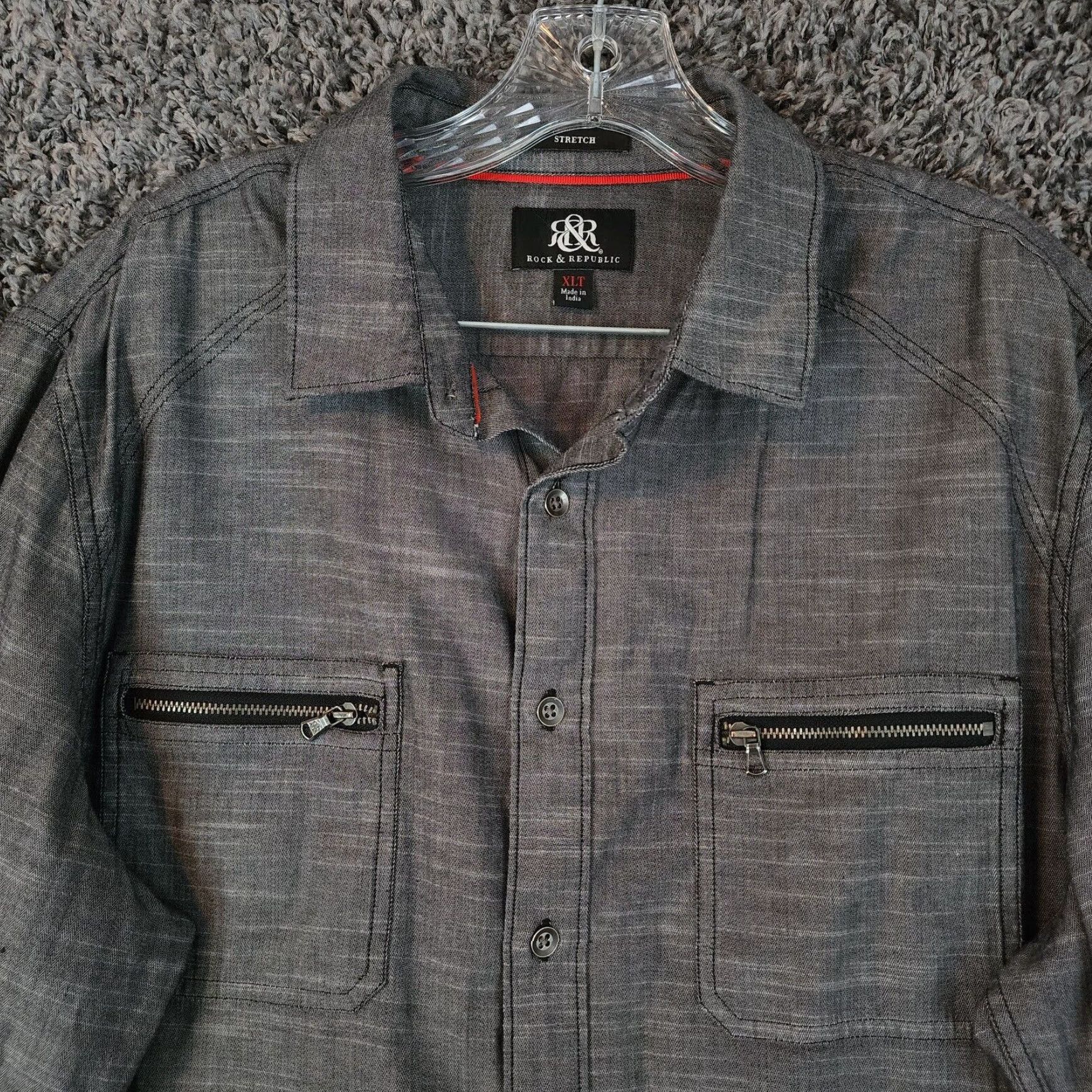 Vintage Rock & Republic Mens Long Sleeve Stretch Button Up Shirt Gray XLT Size US XL / EU 56 / 4 - 3 Thumbnail