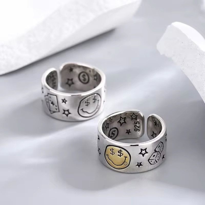 Jewelry × Vintage Personality Smile Face Poker Dice Design Vintage Thai Silver Size ONE SIZE - 2 Thumbnail