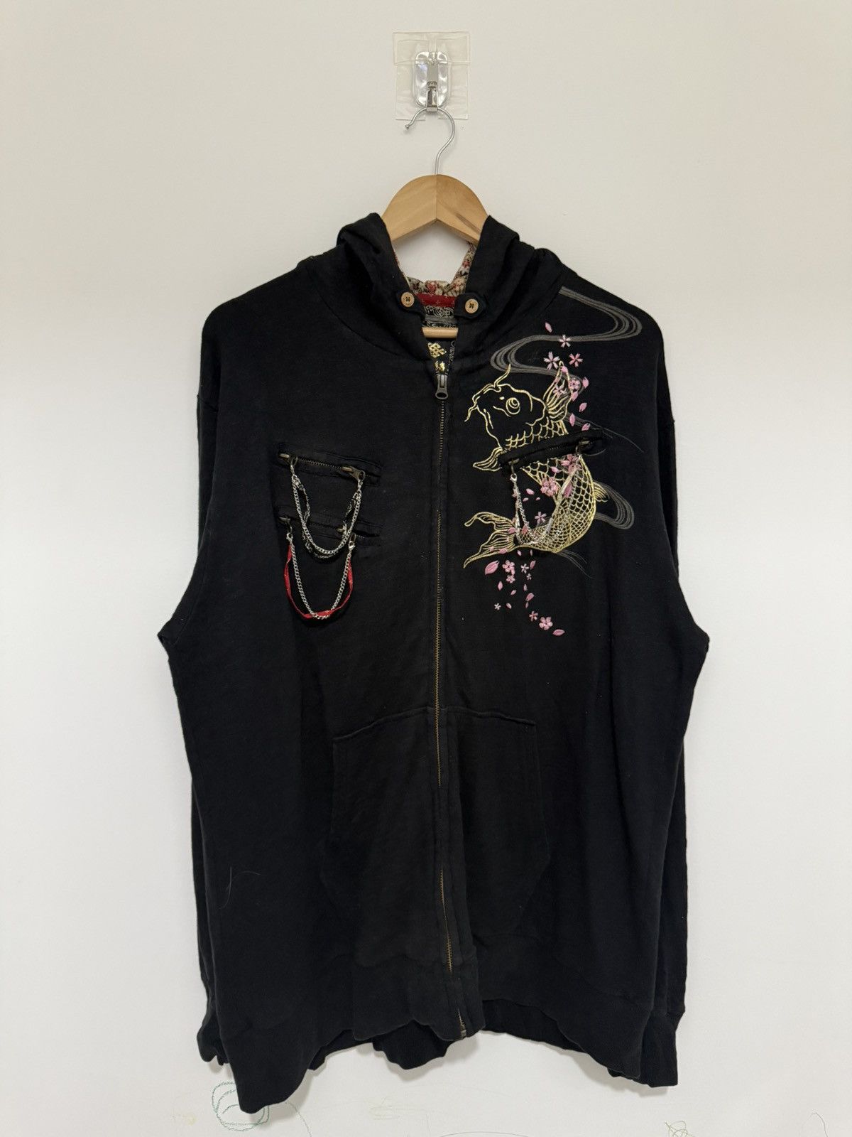 Japanese Brand Vintage Sukajan Black Embroidery Fish Koi Full Print Hoodie Size US XL / EU 56 / 4 - 1 Thumbnail