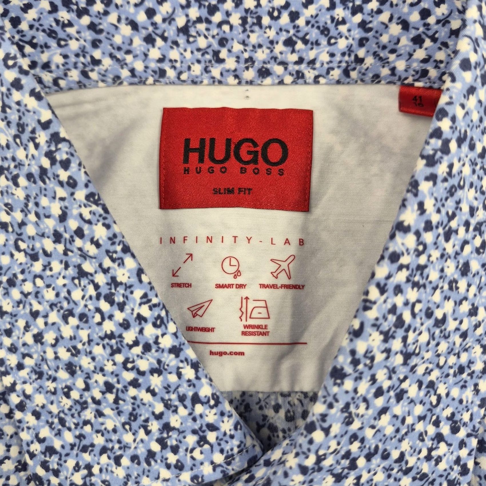 Hugo Boss HUGO BOSS Dress Shirt Mens 16 34/35 Blue Floral Slim Fit Stretch Long Sleeve Size 42R - 6 Thumbnail