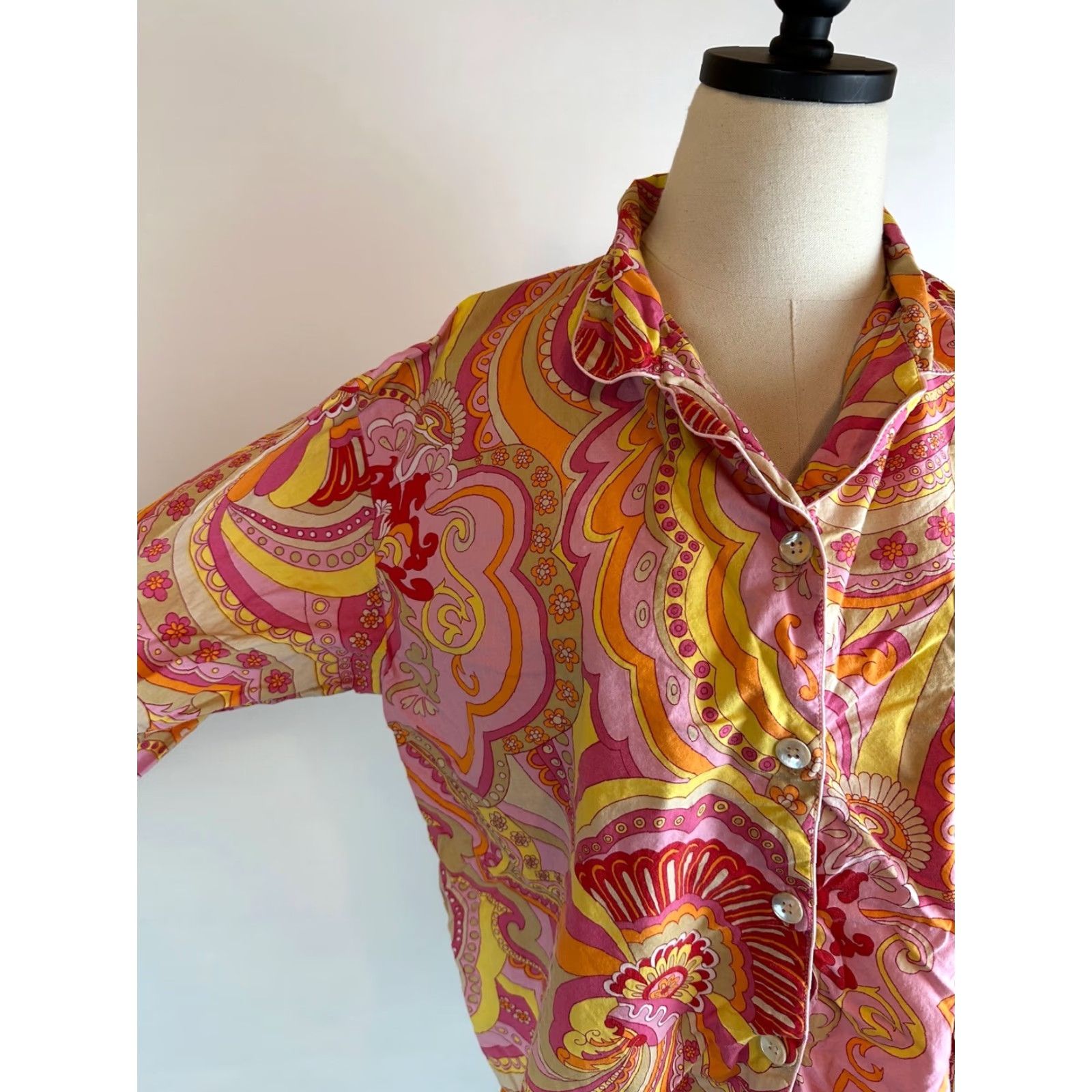 Vintage The Chandler Collection Pajama Top Women M Pink Paisley 90s Boho Y2K Collared Button Front Long Sleeve Size M / US 6-8 / IT 42-44 - 3 Thumbnail