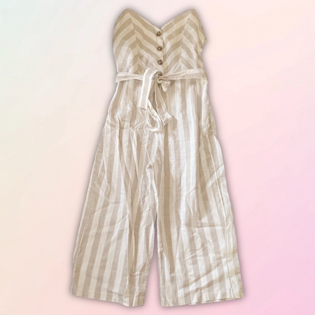 Nordstrom Kensie Jeans, Tan & Cream, Wide Leg, Striped Linen Jumper Size 34" / US 12 / IT 48 - 2 Thumbnail