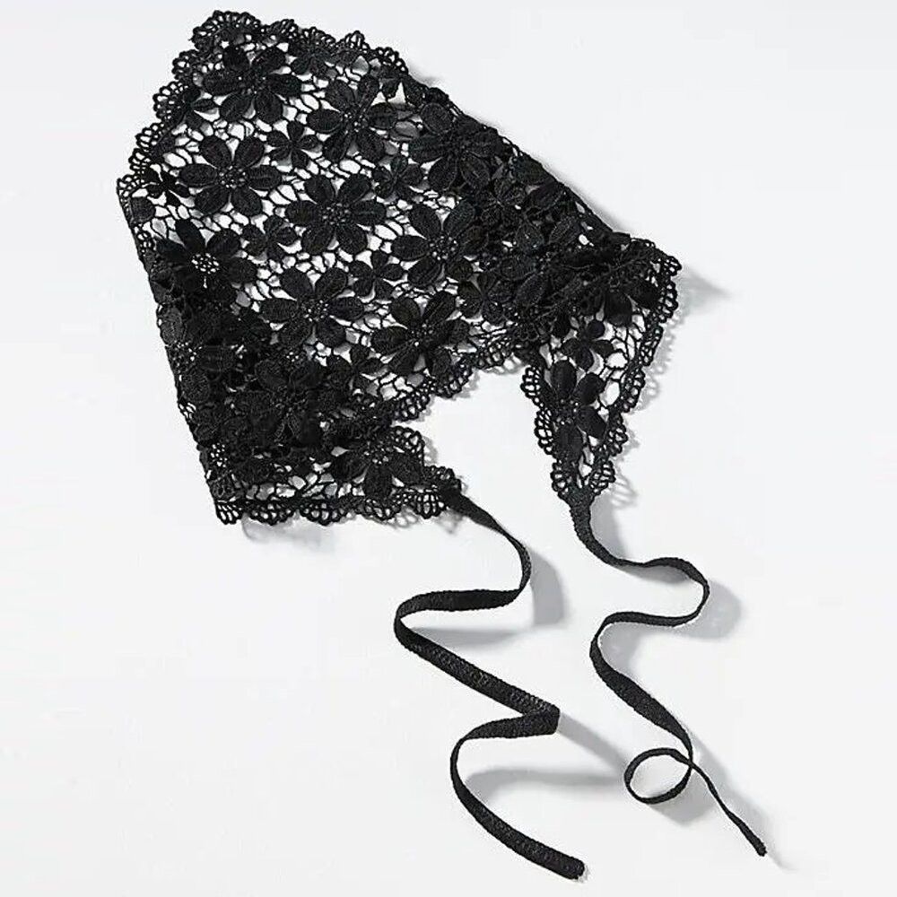 Anthropologie New Anthropologie Floral Crochet Black Hair Scarf Size ONE SIZE - 2 Thumbnail