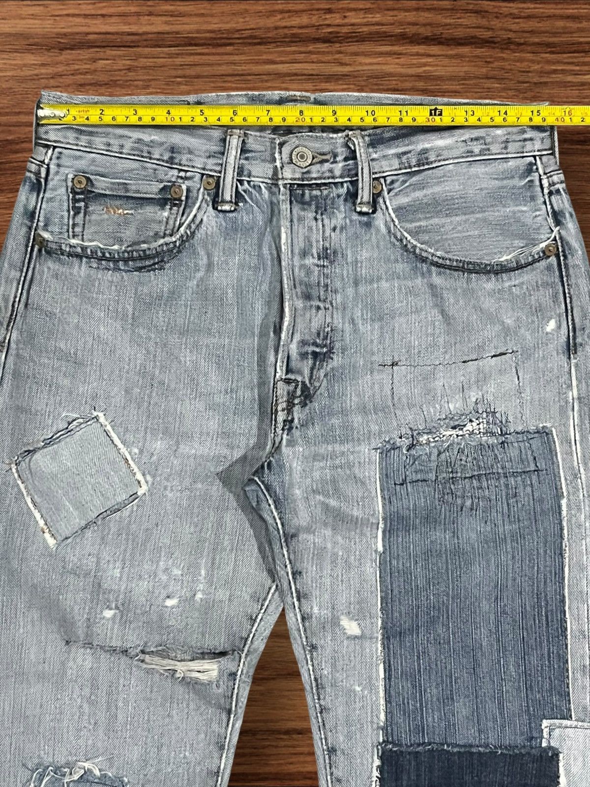 Levi's Vintage Levi’s 501 Sashiko Patchwork Light Blue Washed Jeans Size US 31 - 15 Thumbnail