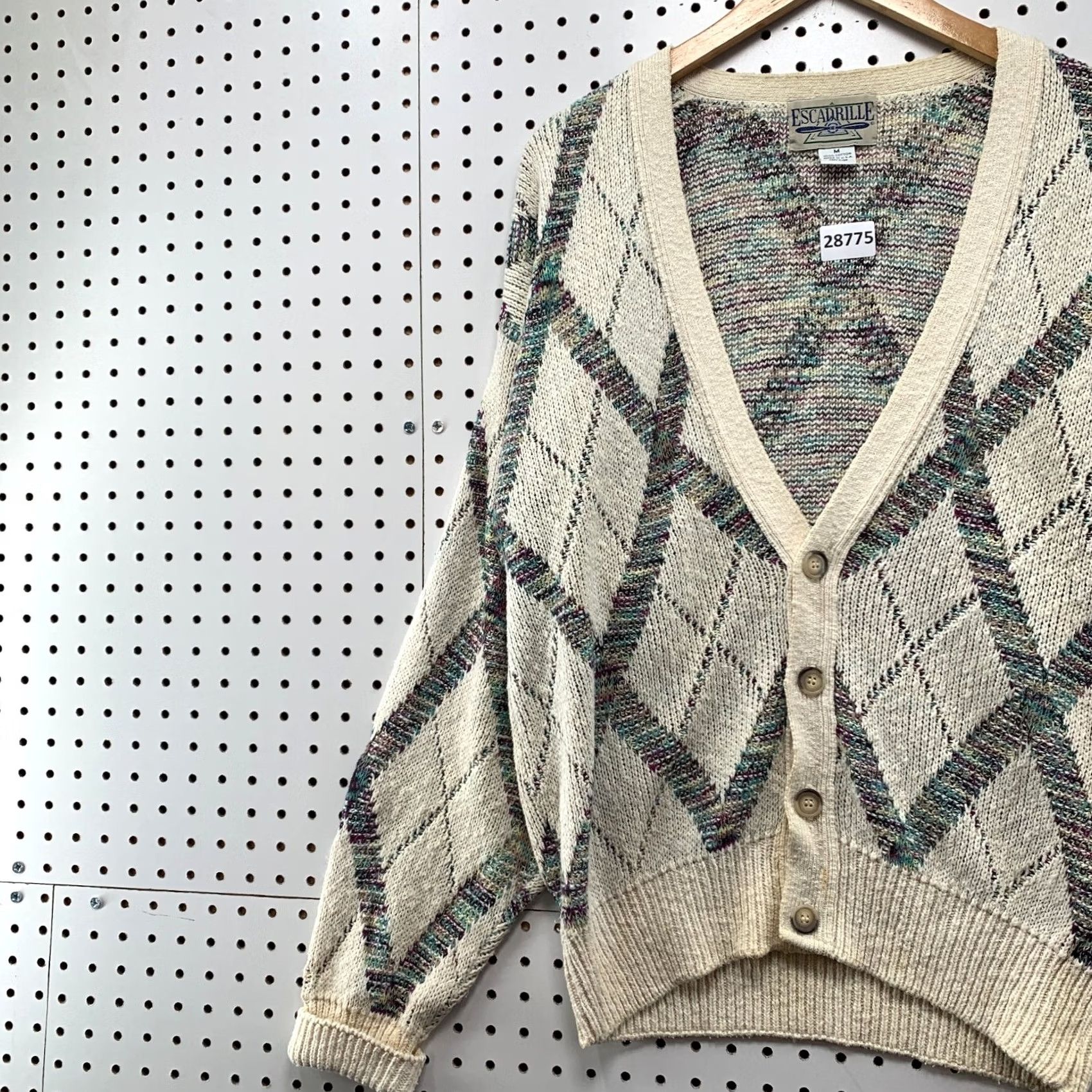 Vintage VINTAGE Escadrille Knit Cardigan Sweater Mens M Beige Argyle 90s USA 23X27 Size US M / EU 48-50 / 2 - 3 Thumbnail