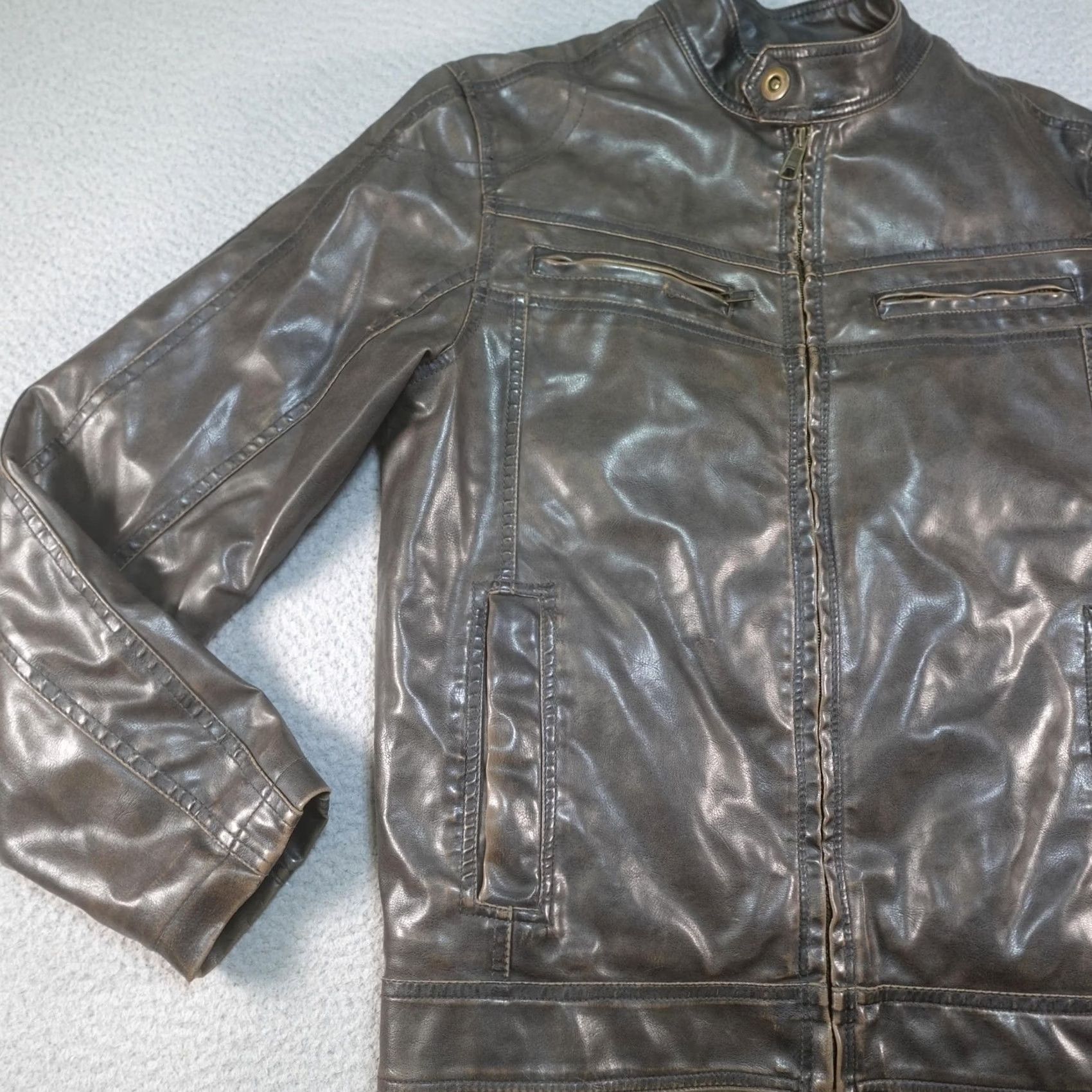 Vintage VINTAGE Motorcycle Jacket Mens S Brown Faux Leather Sherpa Lined Biker Moto Satin? Size US S / EU 44-46 / 1 - 2 Thumbnail