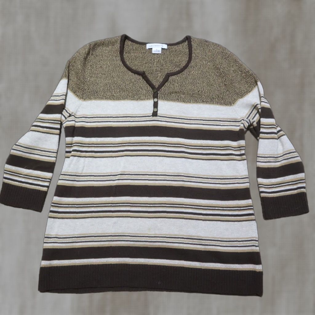 Liz Claiborne Liz Claiborne Shirt Women's Large Brown Striped Lightweight Knit Sweater Silk Cotton Size L / US 10 / IT 46 - 1 Thumbnail