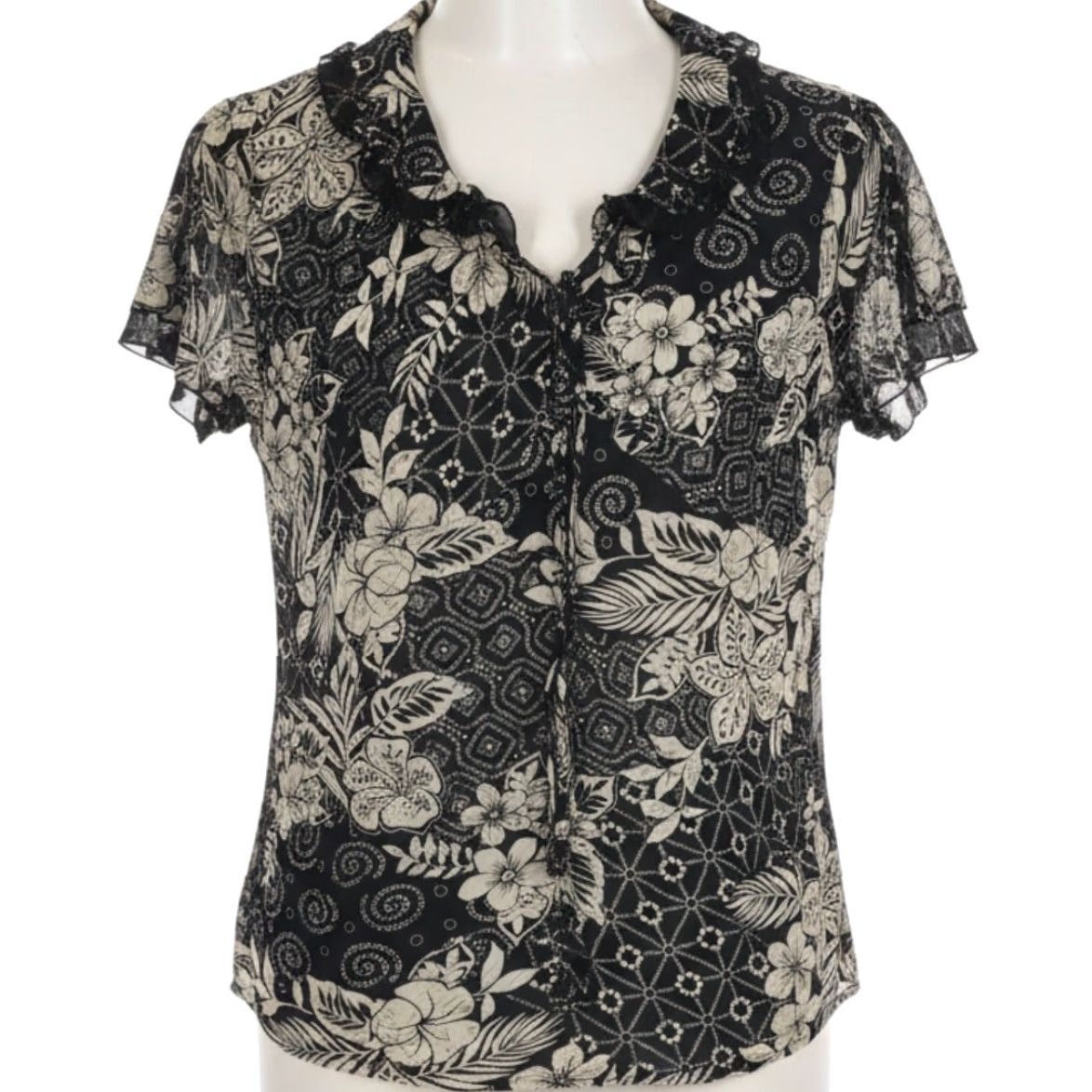 Vintage New York City Design Blouse Women Plus 3X Black Beige Floral Short Sleeves V-Neck Tunic Top Pattern Floral Office Fairy Grunge Vintage No Size XXL / US 16-18 / IT 52-54 - 2 Thumbnail