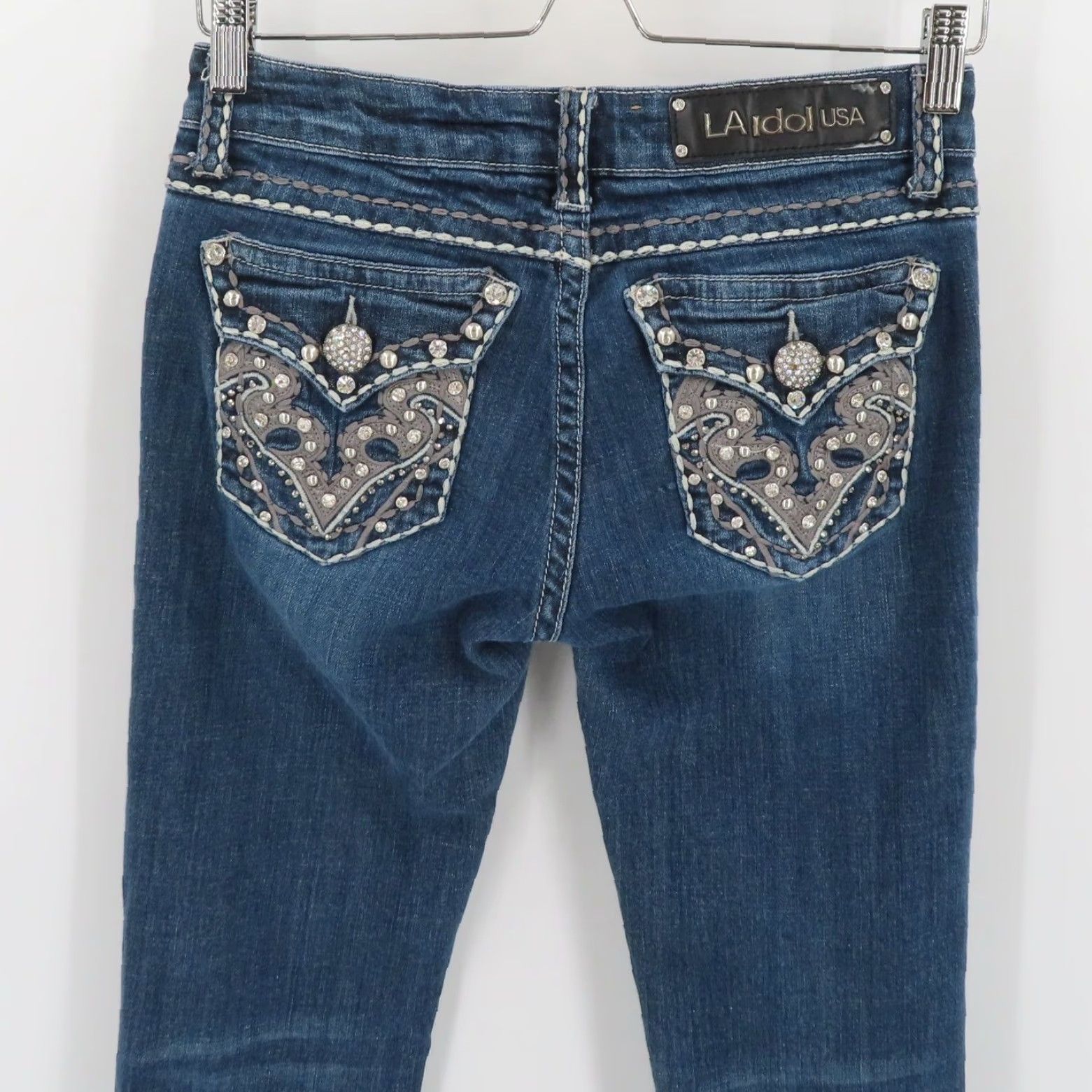 Denime LA Idol Jeans Bootcut Denim 5 Juniors Low Rise Rhinestone Blue 5-Pocket Regular Womens Vintage: No Size 27" / US 4 / IT 40 - 7 Thumbnail