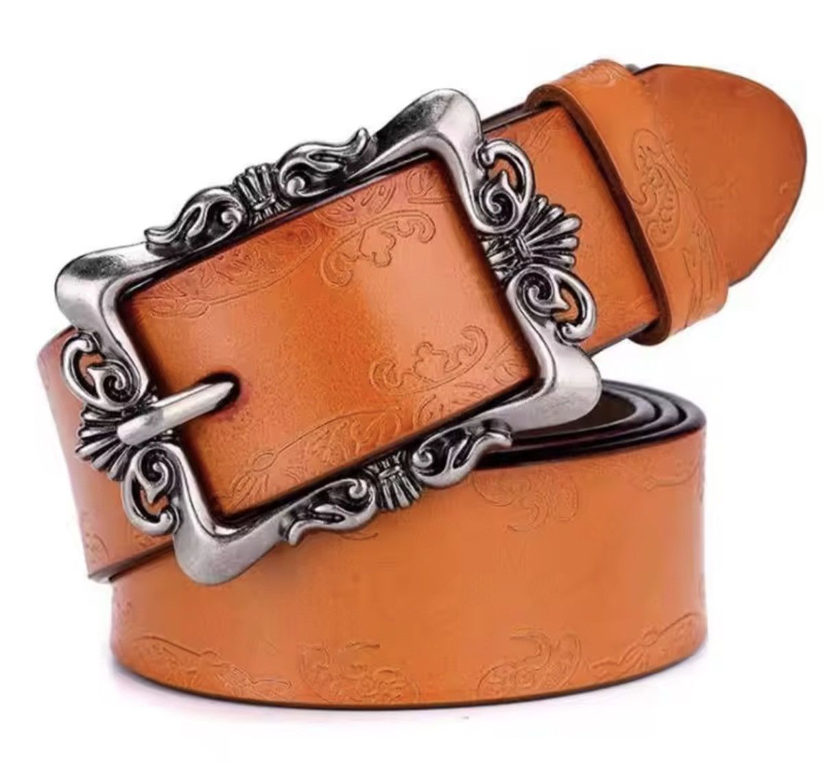 Japanese Brand Floral Embossed Leather Casual Belt 110 cm Size ONE SIZE - 2 Thumbnail