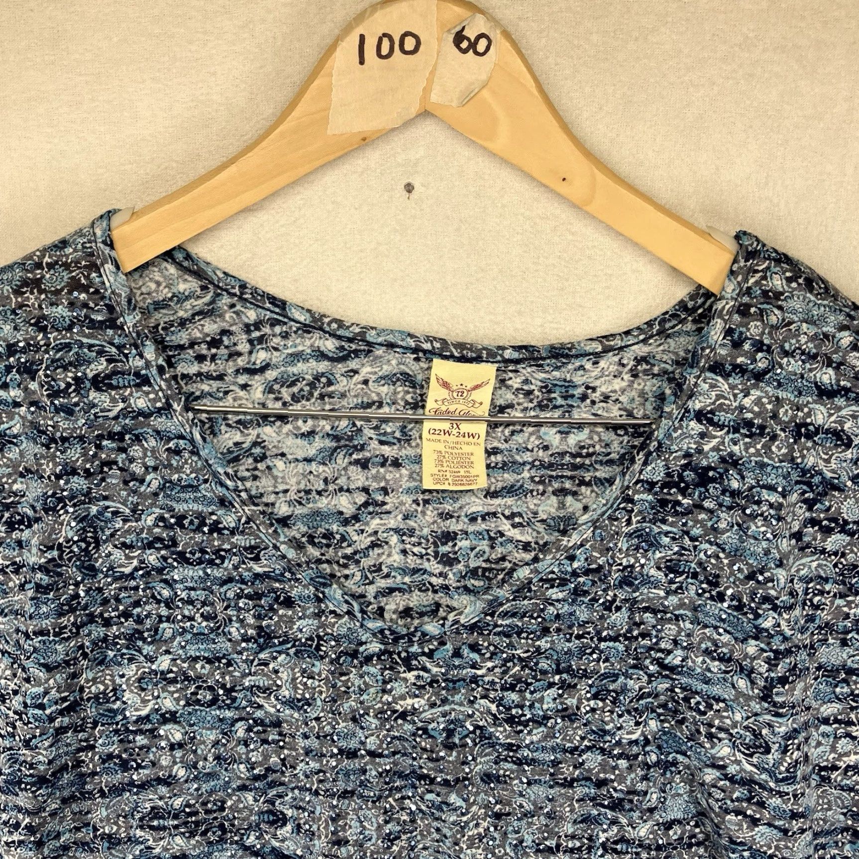 Faded Glory Faded Glory Women's Blouse Tunic Short Sleeve Cold Shoulder 3X Blue Gray Bling Geometric Knit Polyester Cotton V-Neck Pullover Mens? Size XXL / US 16-18 / IT 52-54 - 4 Thumbnail