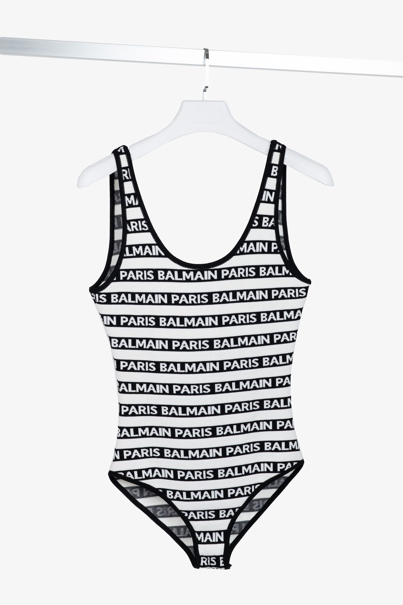 Balmain Balmain Black & White Knit All-Over Logo-Stripe Bodysuit Size M / US 6-8 / IT 42-44 - 1 Thumbnail