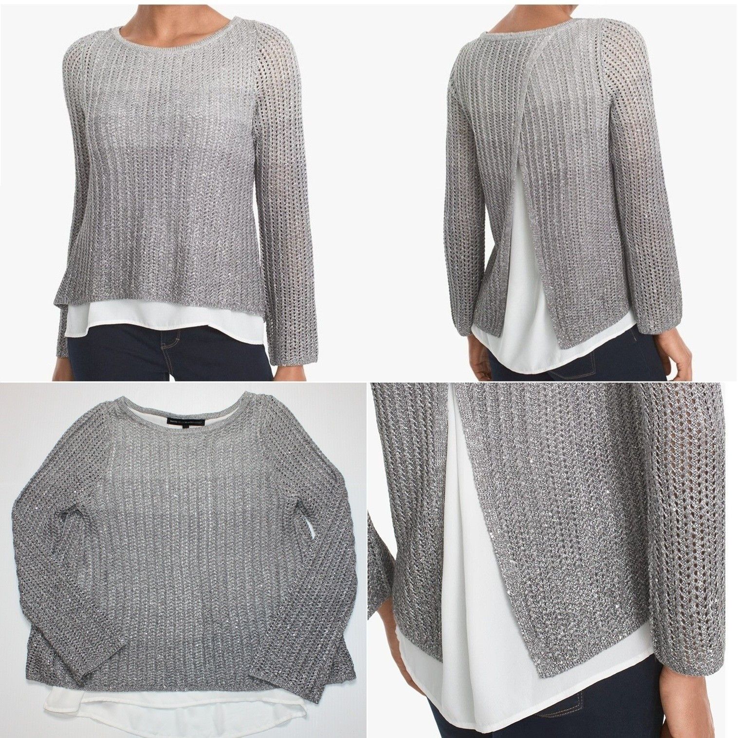 White House Black Market Women's Sequin Silver Ombre Twofer Sweater in size S Size S / US 4 / IT 40 - 1 Thumbnail