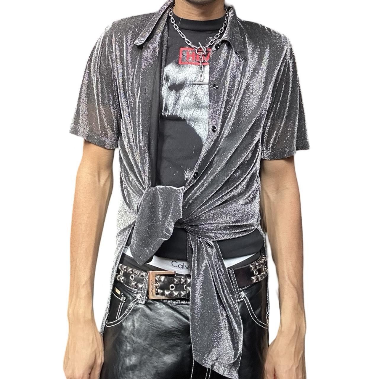 Vintage Vintage Design 36 Black/Silver Sheer Metallic Shirt - Large Size L / US 10 / IT 46 - 2 Thumbnail