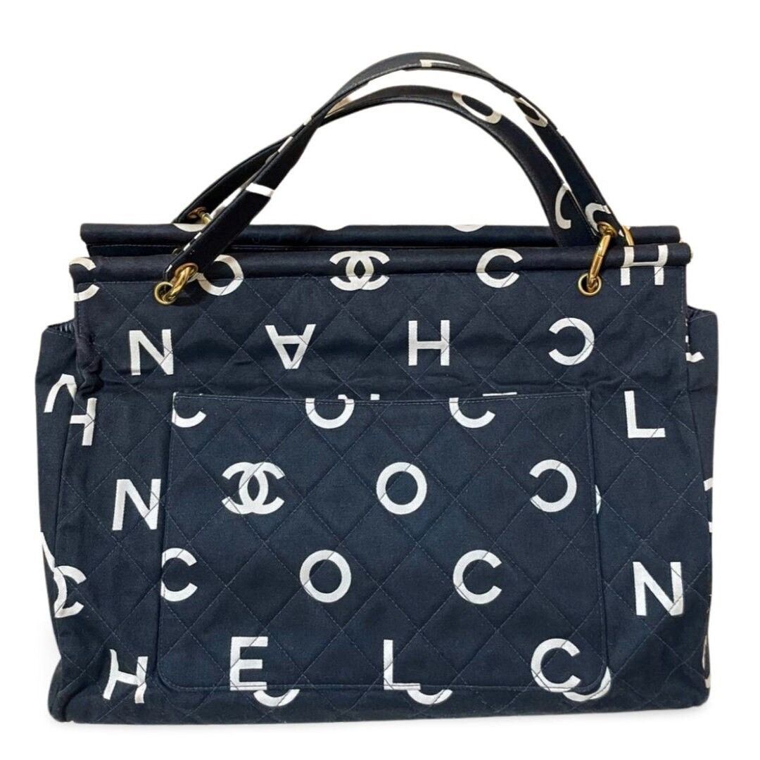 Vintage CHANEL black canvas large tote bag with white logo