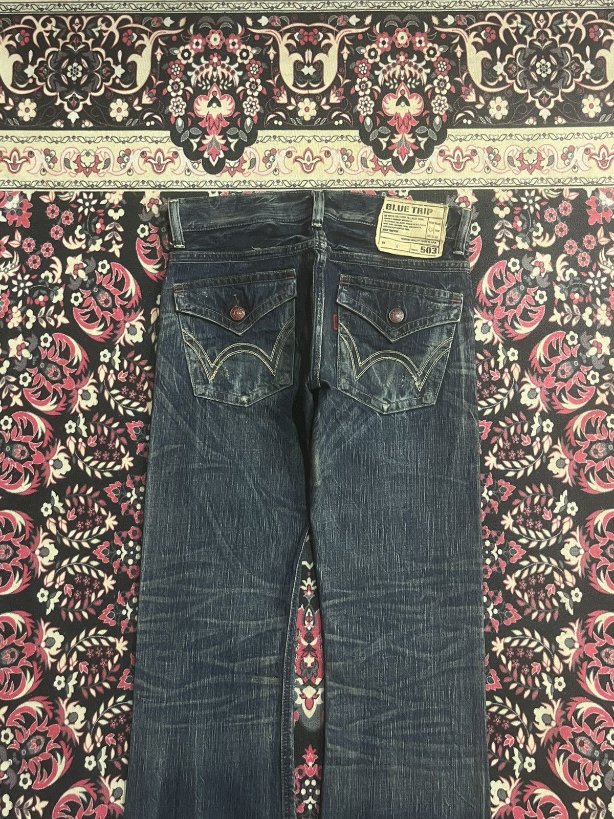 Number (N)ine Edwin 503 Japan Blue Trip Dark Blue Frayed Leg Flare Jeans Size US 30 / EU 46 - 6 Thumbnail