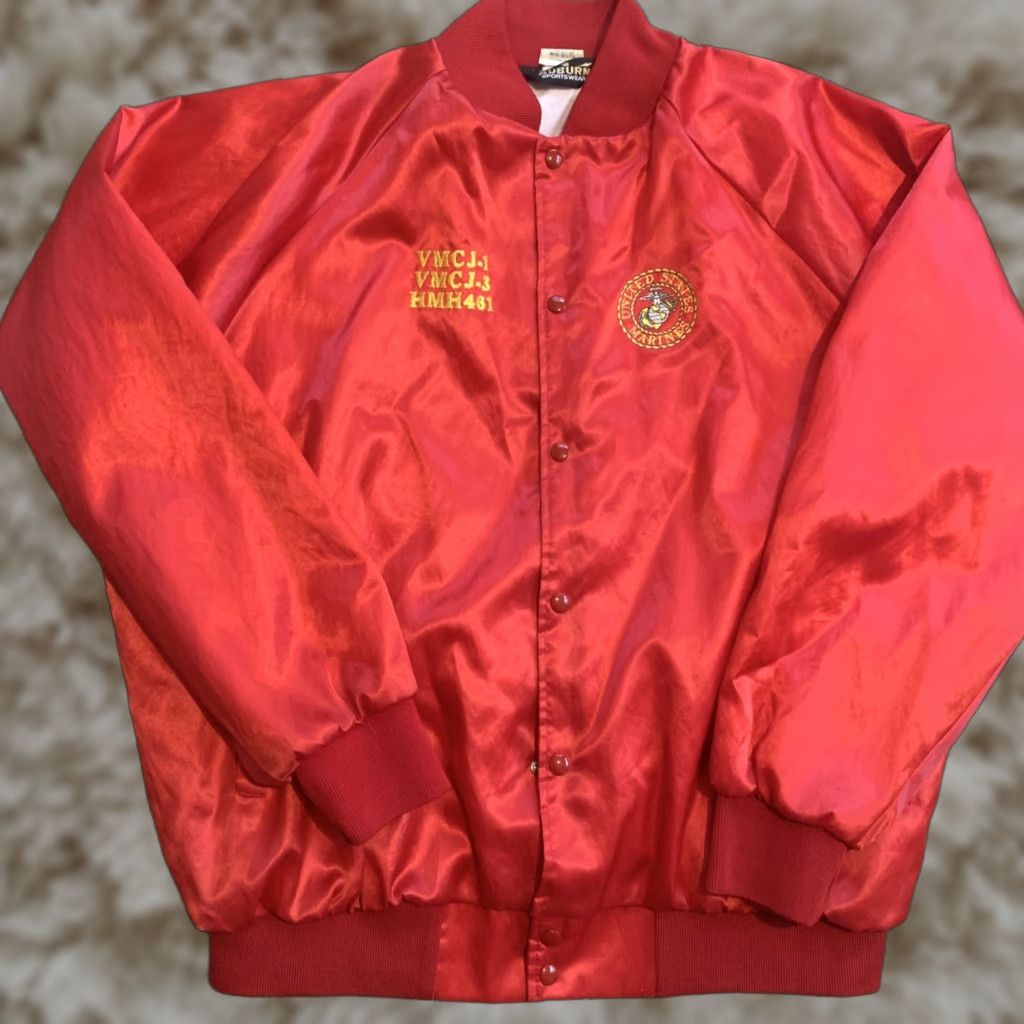 VINTAGE Auburn Sportswear USMC Marines Satin Jacket Mens 3XL Bomber Red EUC