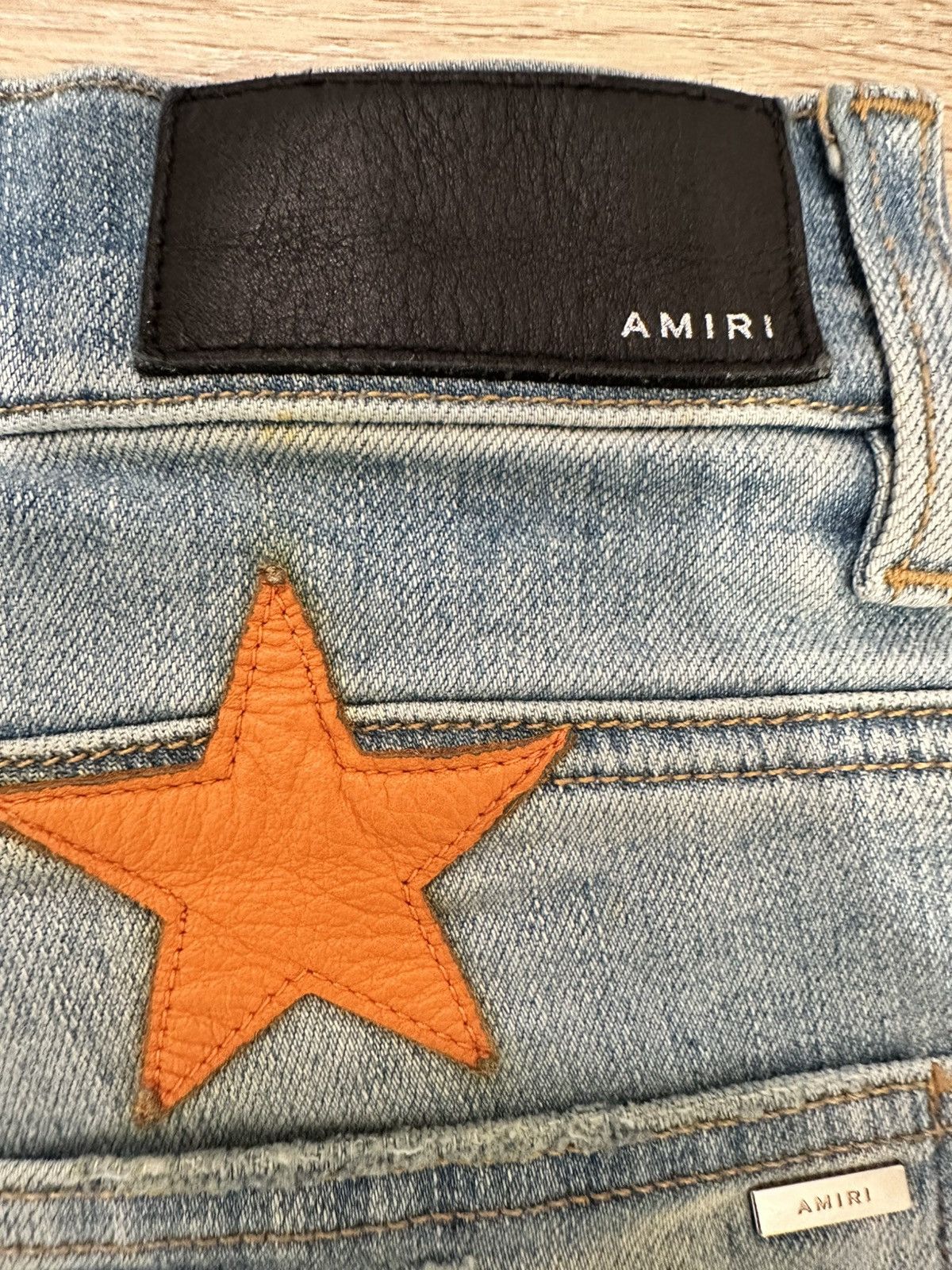 Amiri X Chemist Orange Leather Star Patch Jeans