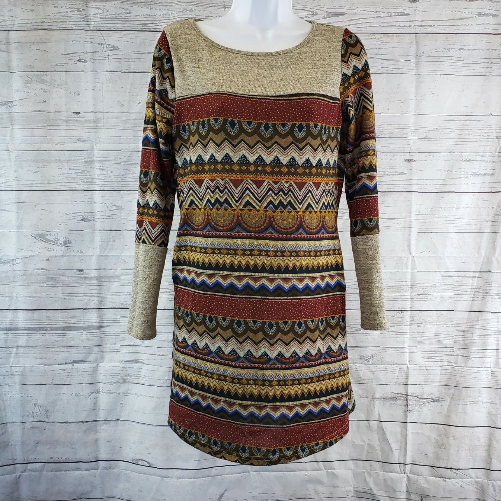 Vintage Sarin Mathews Womens Knit Dress Sz Small Maroon Tan Stripes Long Sleeve Rayon Size S / US 4 / IT 40 - 2 Thumbnail