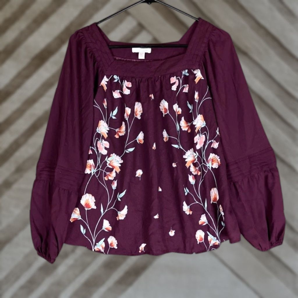 Lauren Conrad LC Lauren Conrad Blouse Womens Burgundy Petite Floral Square Neck Long Sleeve PS Size S / US 4 / IT 40 - 1 Thumbnail