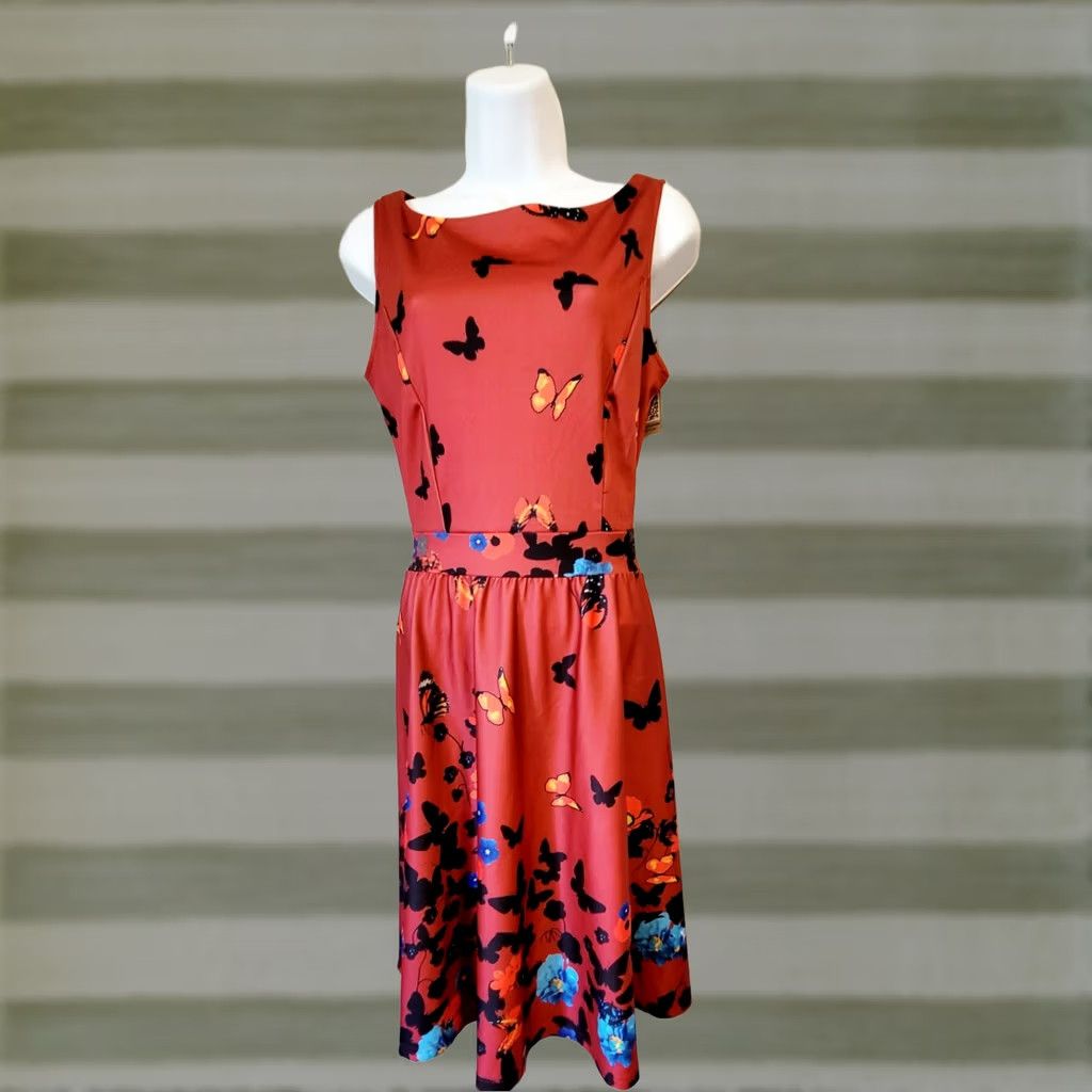 Vintage Butterfly NWT Owin Muted Red Silky A-Line Dress Sleeveless Round Neck Knee Length Women M Casual Party/Cocktail/Travel Vintage No Size M / US 6-8 / IT 42-44 - 1 Thumbnail