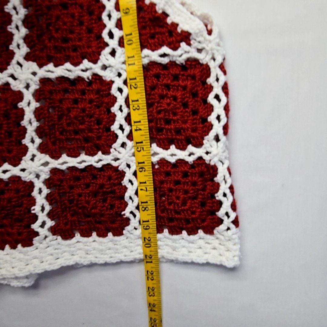Handmade Red White Granny Square Sweater Vest Small Crochet Boho Top Size S / US 4 / IT 40 - 10 Thumbnail