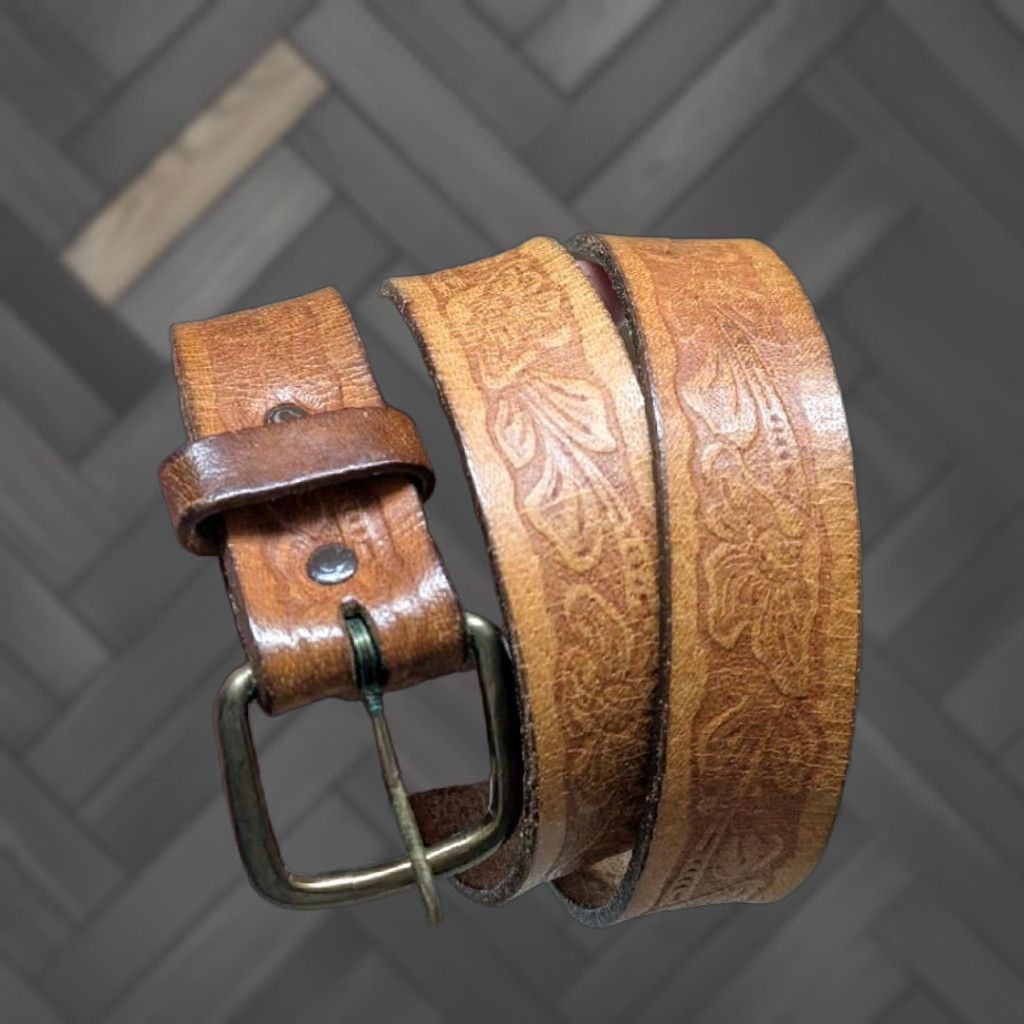 Vintage VINTAGE USA made TOOLED brown belt 38 cowhide leather WESTERN handcrafted Size 38 - 1 Thumbnail