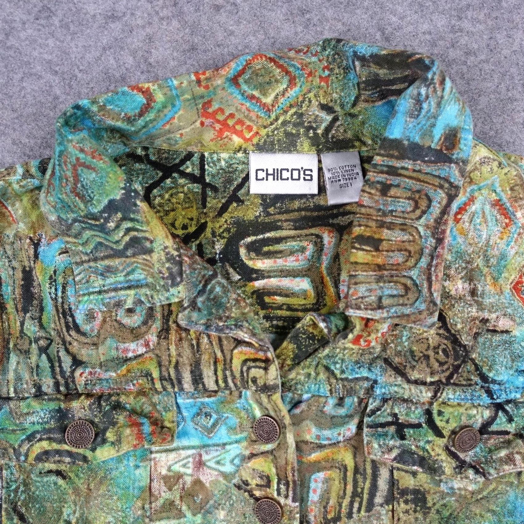 Vintage VINTAGE Chico's Jacket Womens Size 1 Green Linen Art Tribal Geometric Button VTG Jacket Size XS / US 0-2 / IT 36-38 - 2 Thumbnail