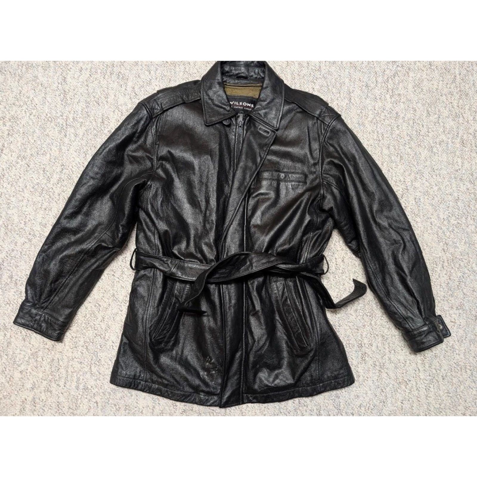 Vintage VINTAGE WILSONS Leather Belted Car Coat Jacket L Mens 44 Black Belted 1990s Size US L / EU 52-54 / 3 - 7 Thumbnail