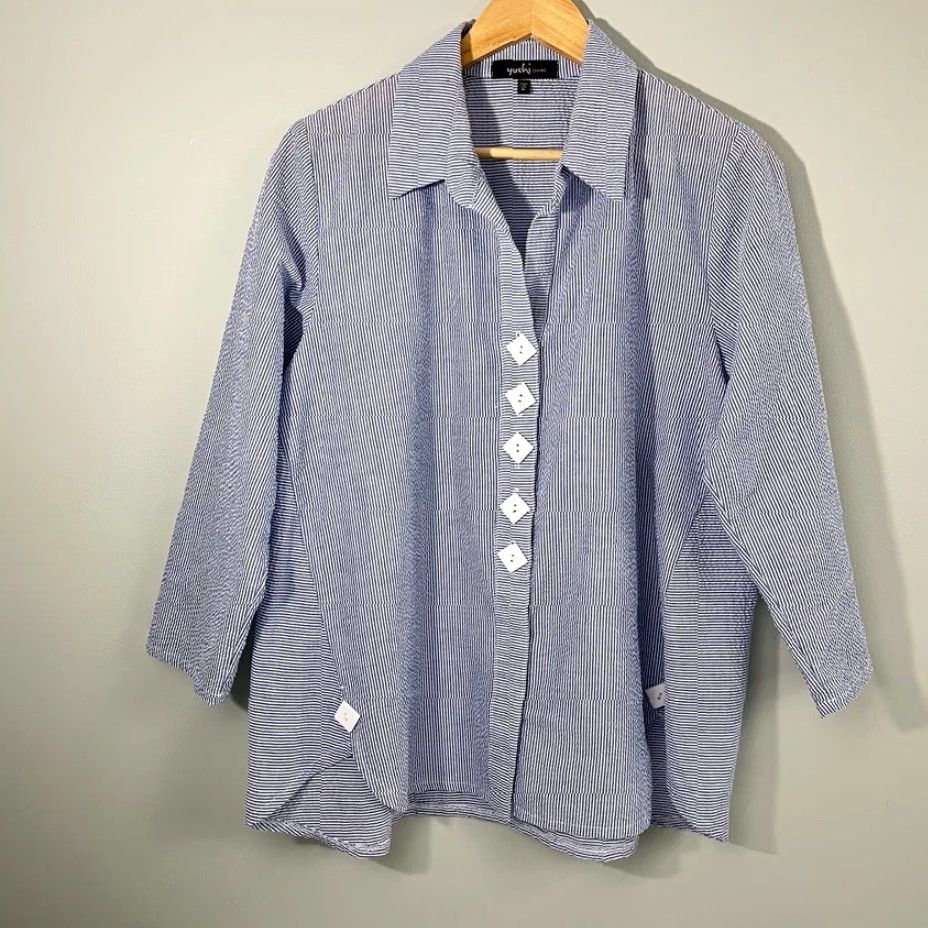 Vintage Yushi Blazer Blouse Womens M PinStriped Seersucker Artsy Button Front Stretch Shirt Dress? Size M / US 6-8 / IT 42-44 - 2 Thumbnail