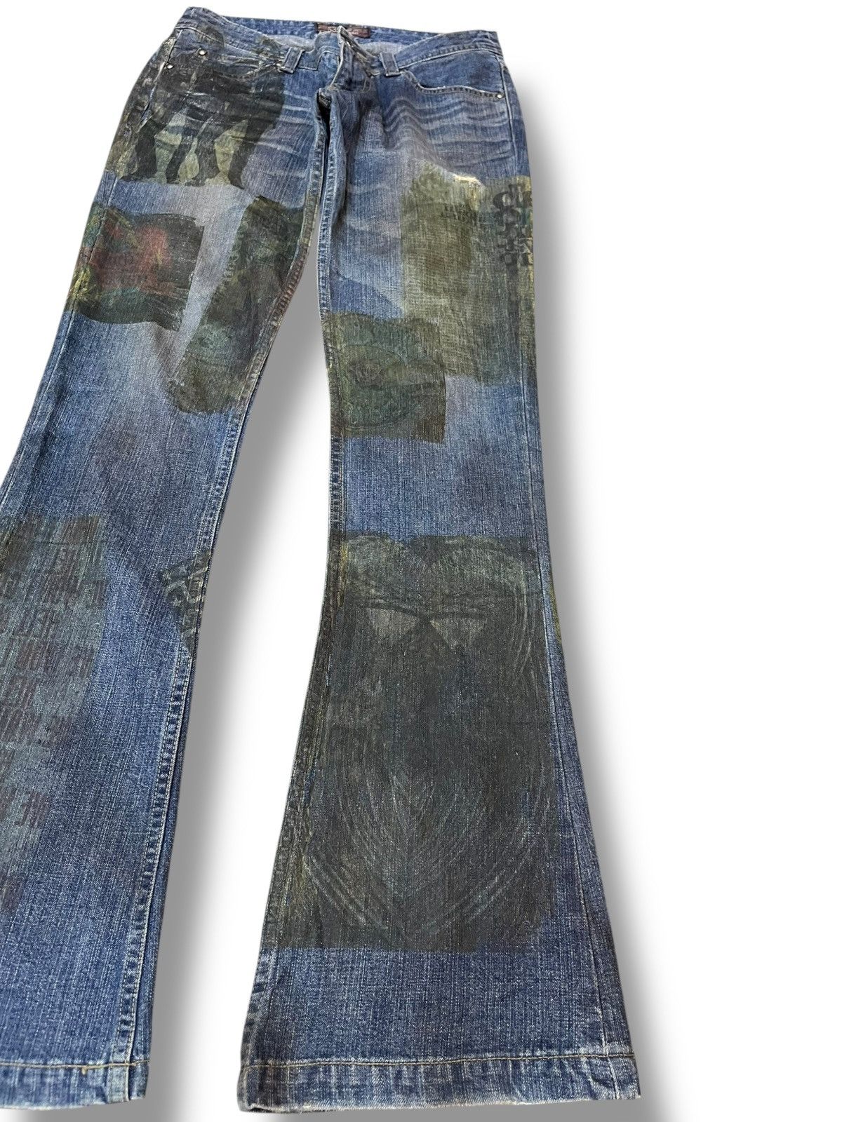 5351 POUR LES HOMMES Vintage 5351 Pour Les Homme Flare Waxed Printed Work Denim Size US 29 - 6 Thumbnail