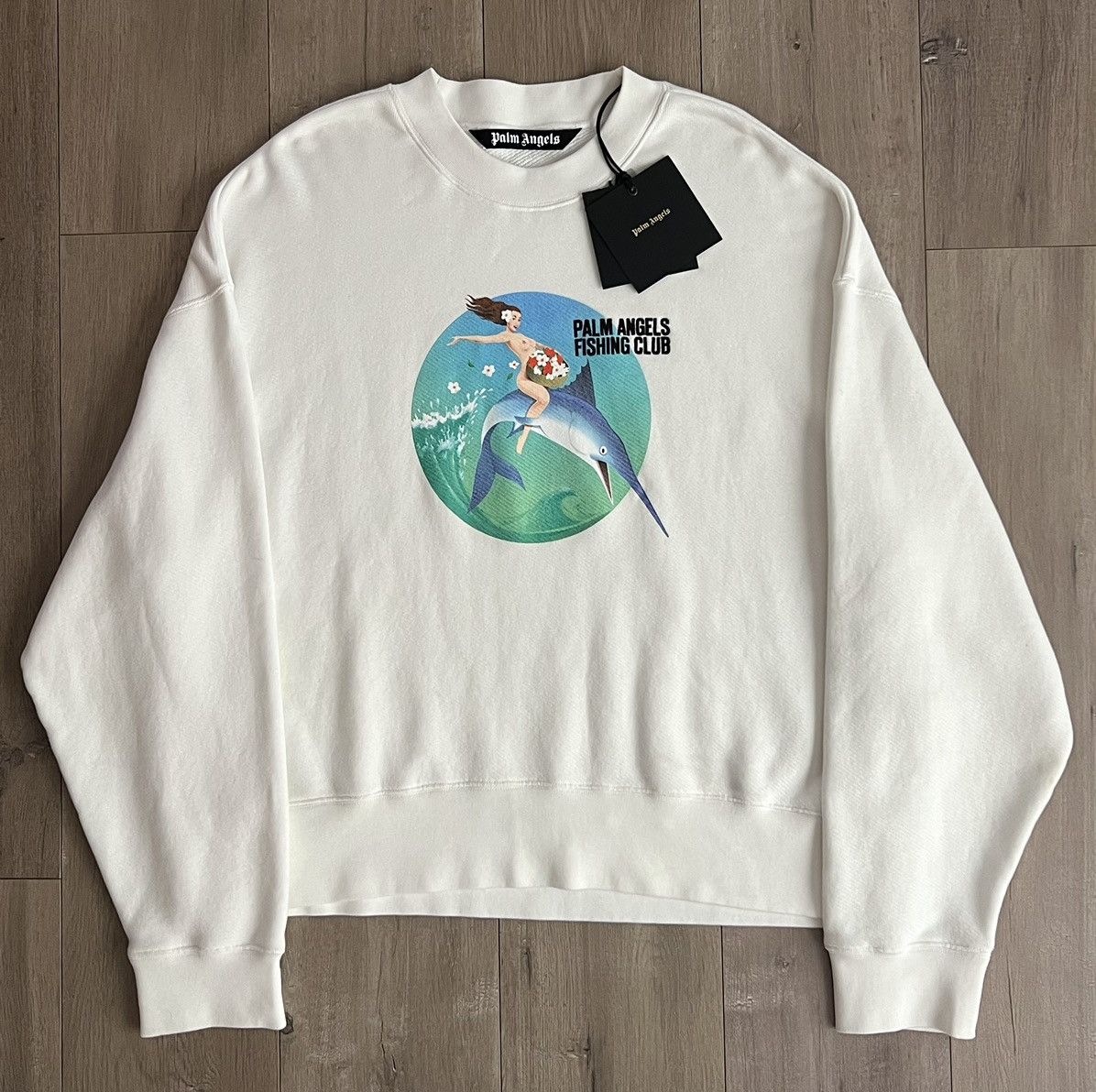 image of Palm Angels Fishing Club White Graphic Crewneck, Men's (Size XL)