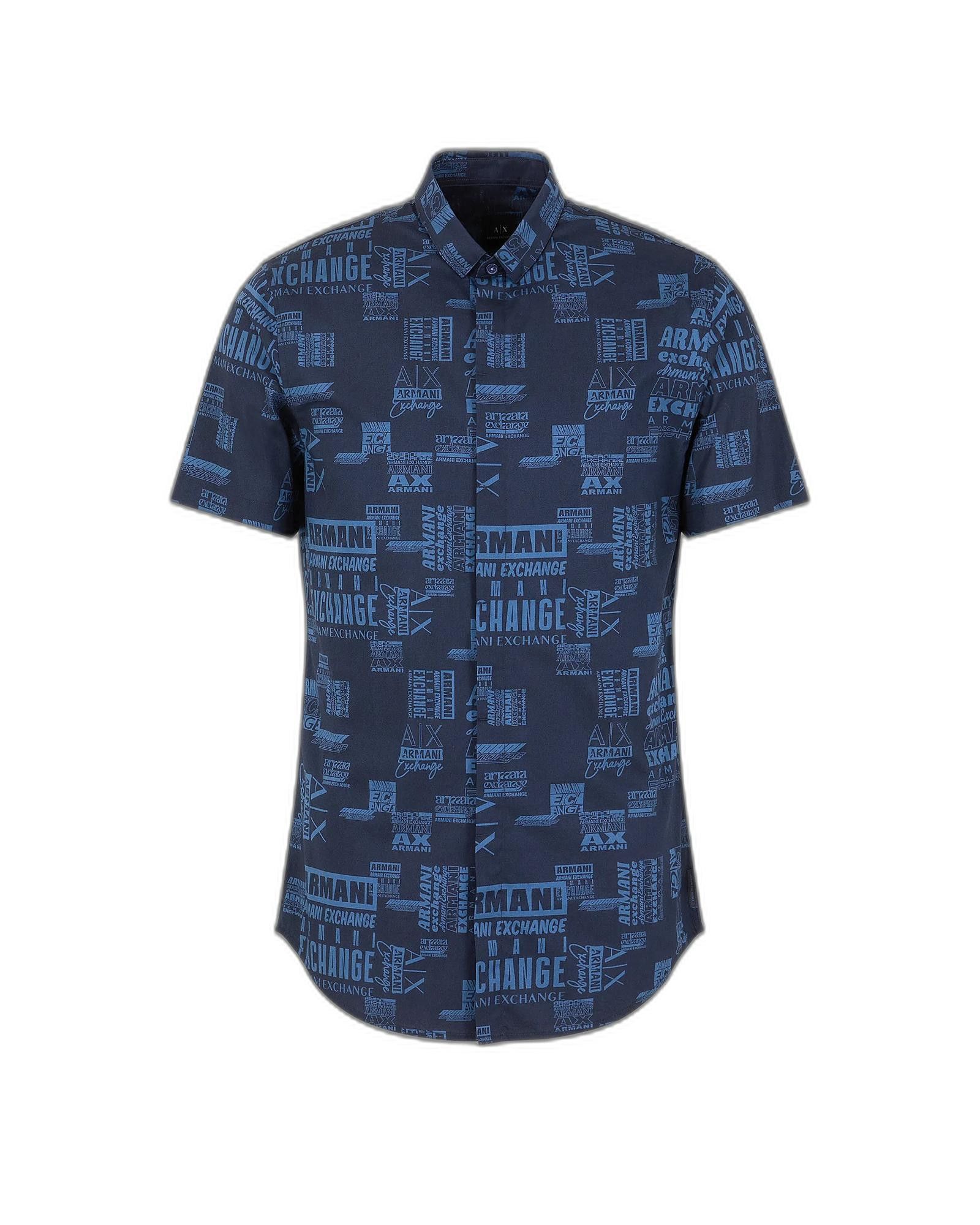 image of Armani Exchange Printed Short Sleeve Classic Shirt in Blue, Men's (Size Small)