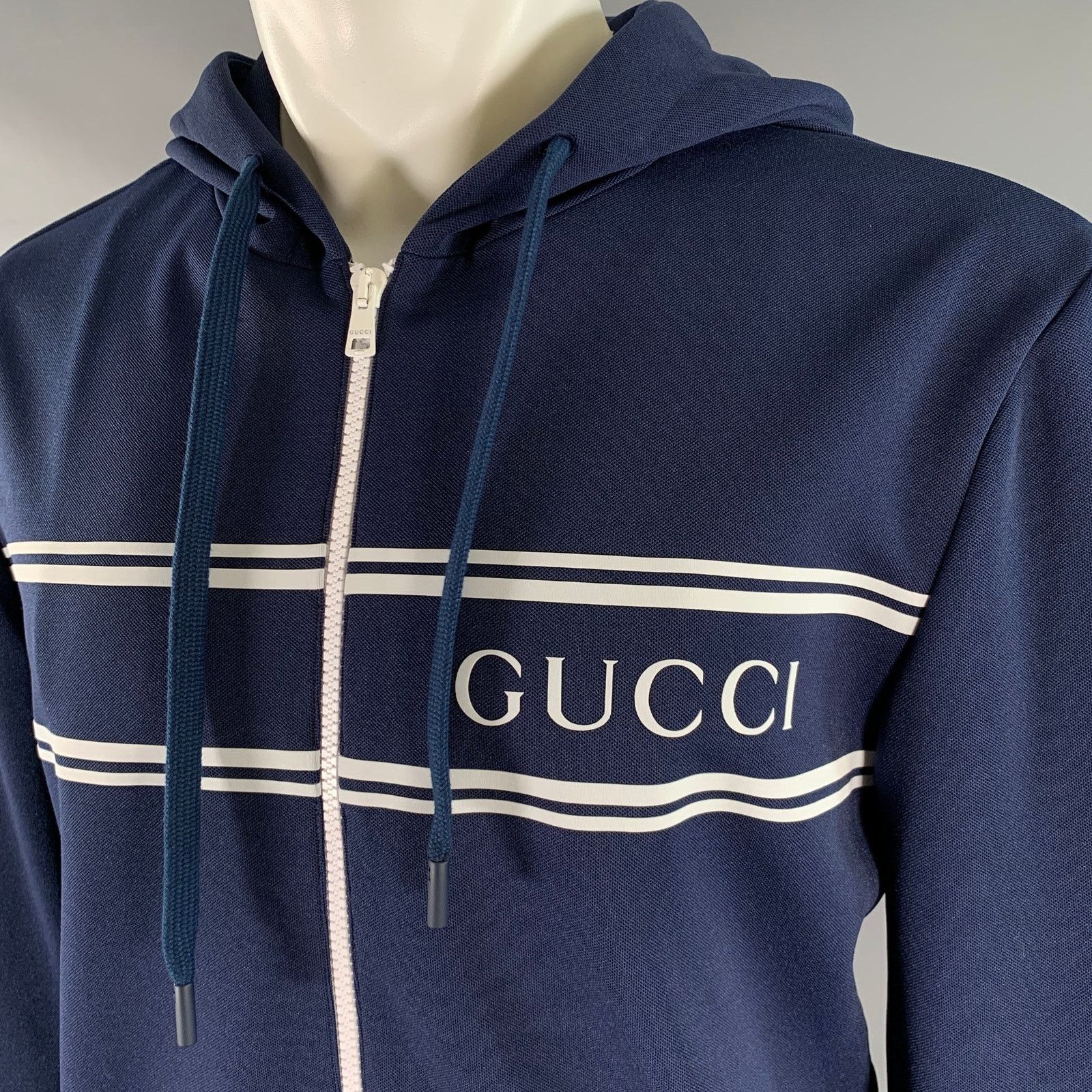 Gucci GUCCI Size M Navy White Logo Polyester Zip Up Hoodie Size US M / EU 48-50 / 2 - 2 Thumbnail