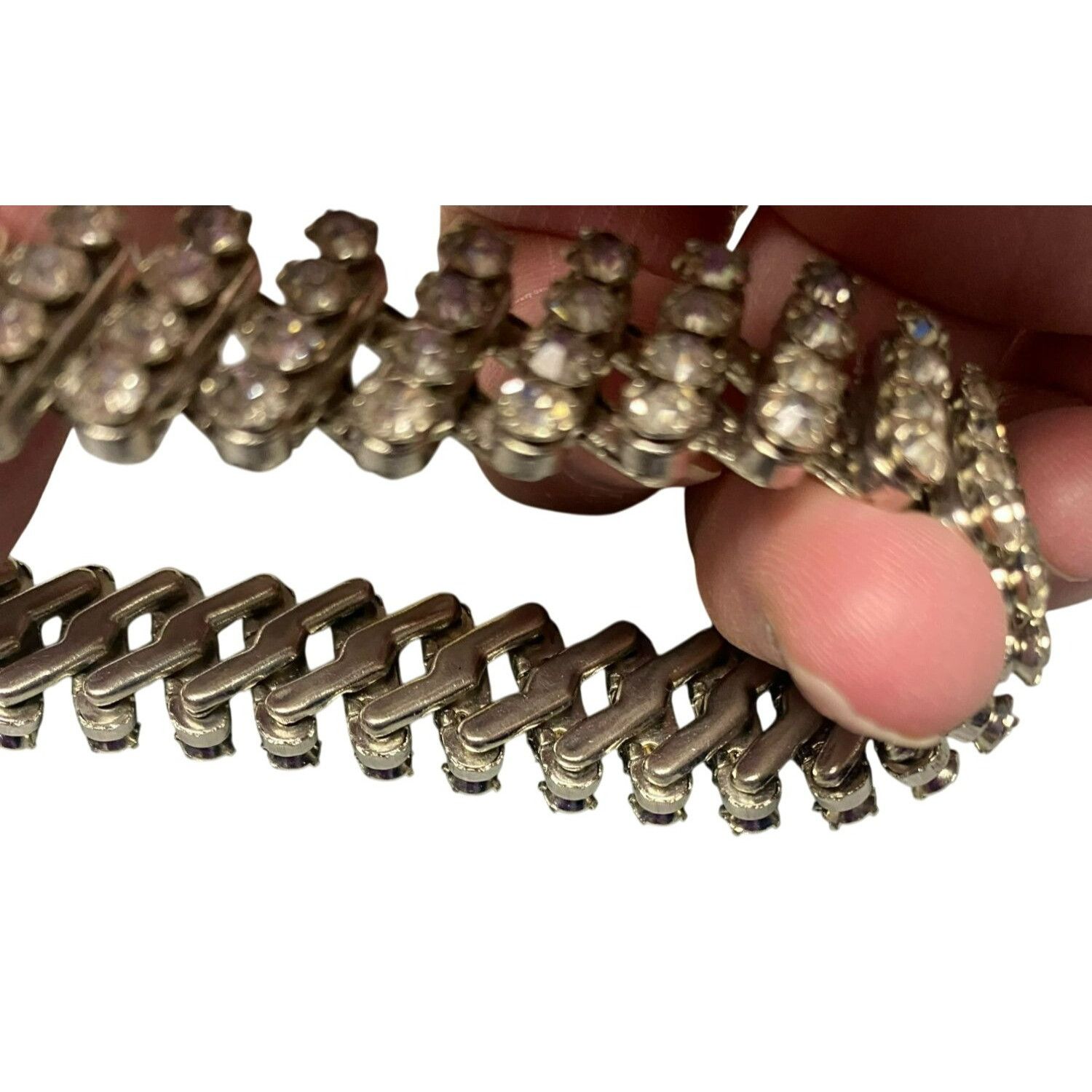 Other Vintage Rhinestone Stretch Bracelet Wide Elastic Band Silver Size ONE SIZE - 4 Thumbnail