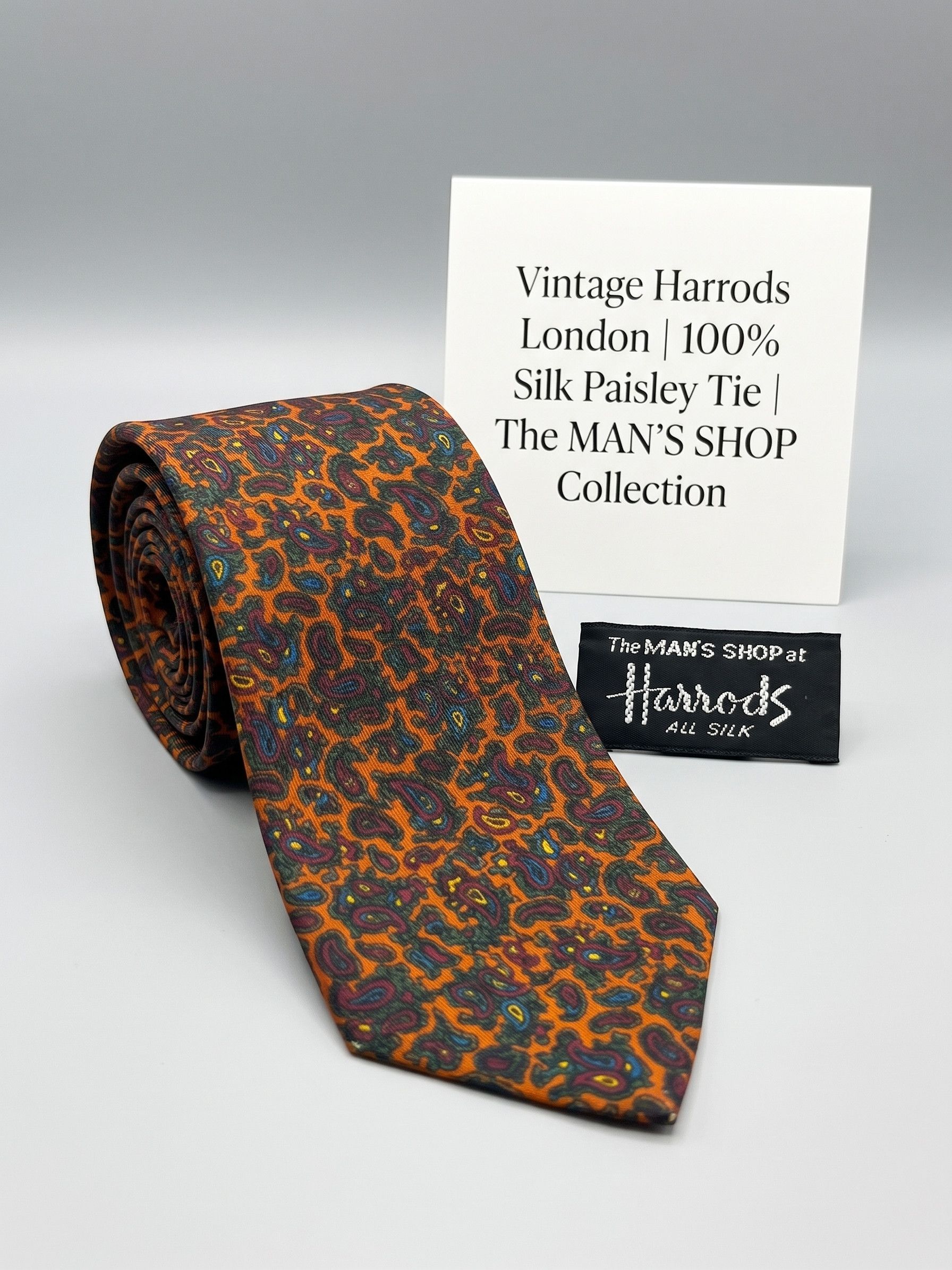 Vintage Harrods London Orange Paisley Silk Tie, Men's