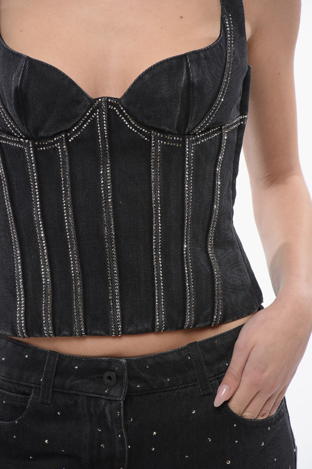 og1mm1125 Rhinestoned Denim Bling Bustier Top in Black