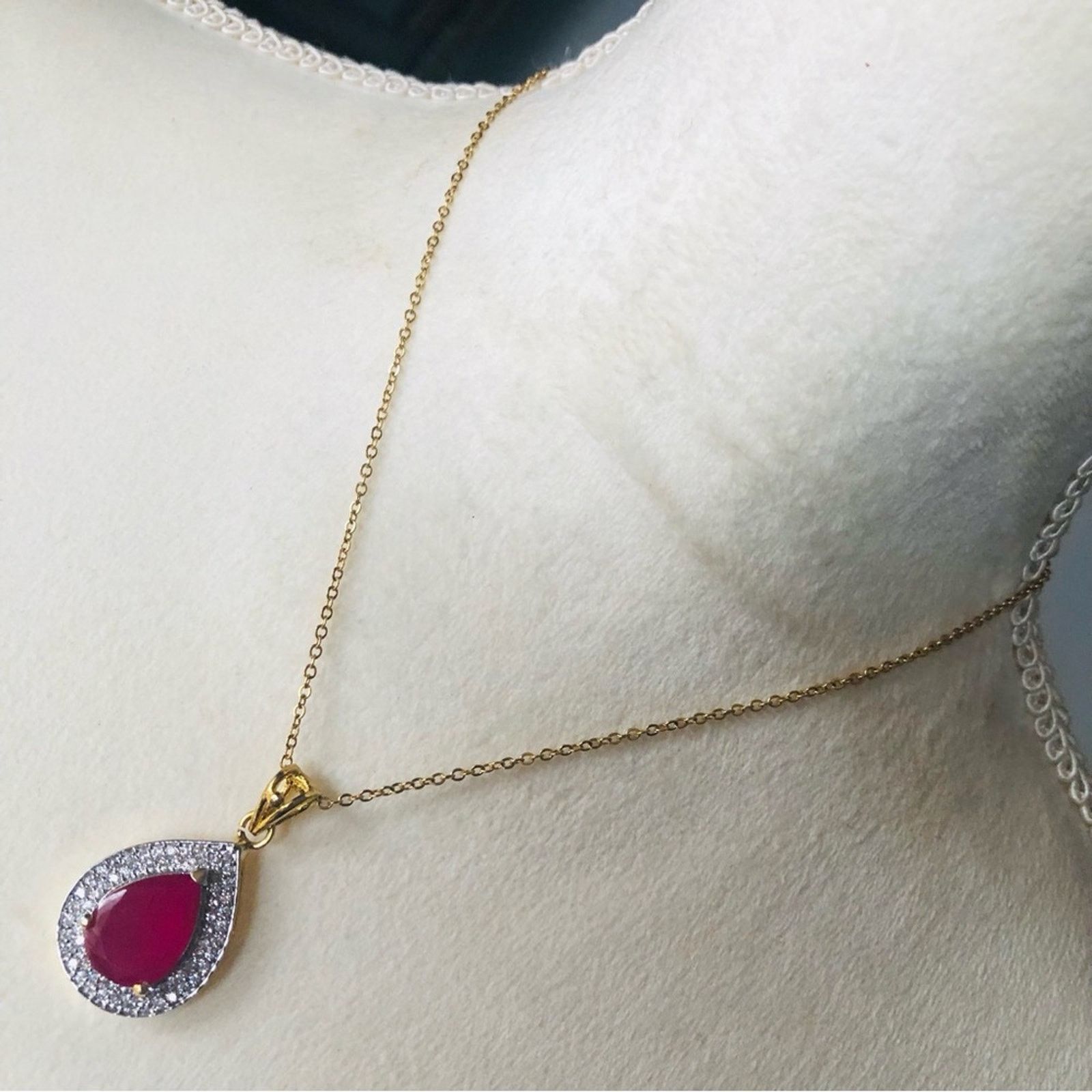 Vintage Teardrop natural oriental ruby cz halo gold vermeil pendant Size ONE SIZE - 6 Thumbnail