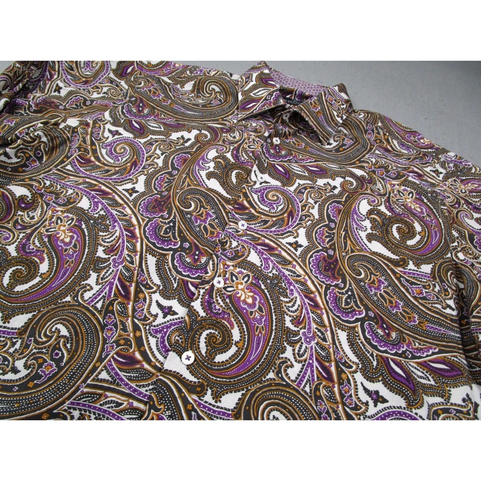 BUGATCHI BUGATCHI UOMO Dress Shirt Mens 2XL Purple Paisley Button Up Cuff Long Sleeve Knit Cotton Formal Shirt Size 48R - 2 Thumbnail