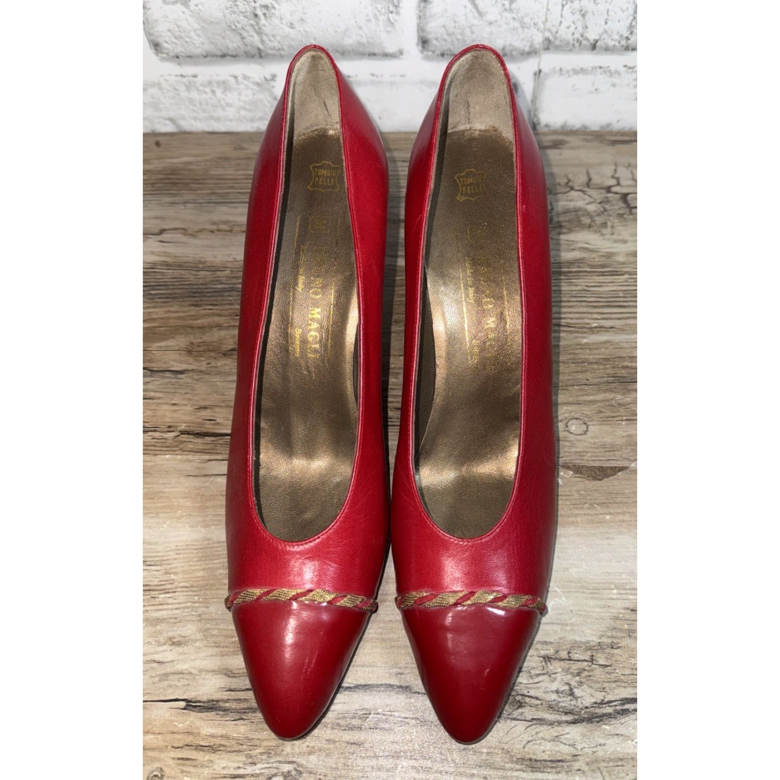Bruno Magli VINTAGE Bruno Magli Red Leather Heels with Gold Thread Detailing Almond Toe Slip-On High Stiletto Pump Women US 8.5 AAAA Made in Italy Size US 8.5 / IT 38.5 - 3 Thumbnail
