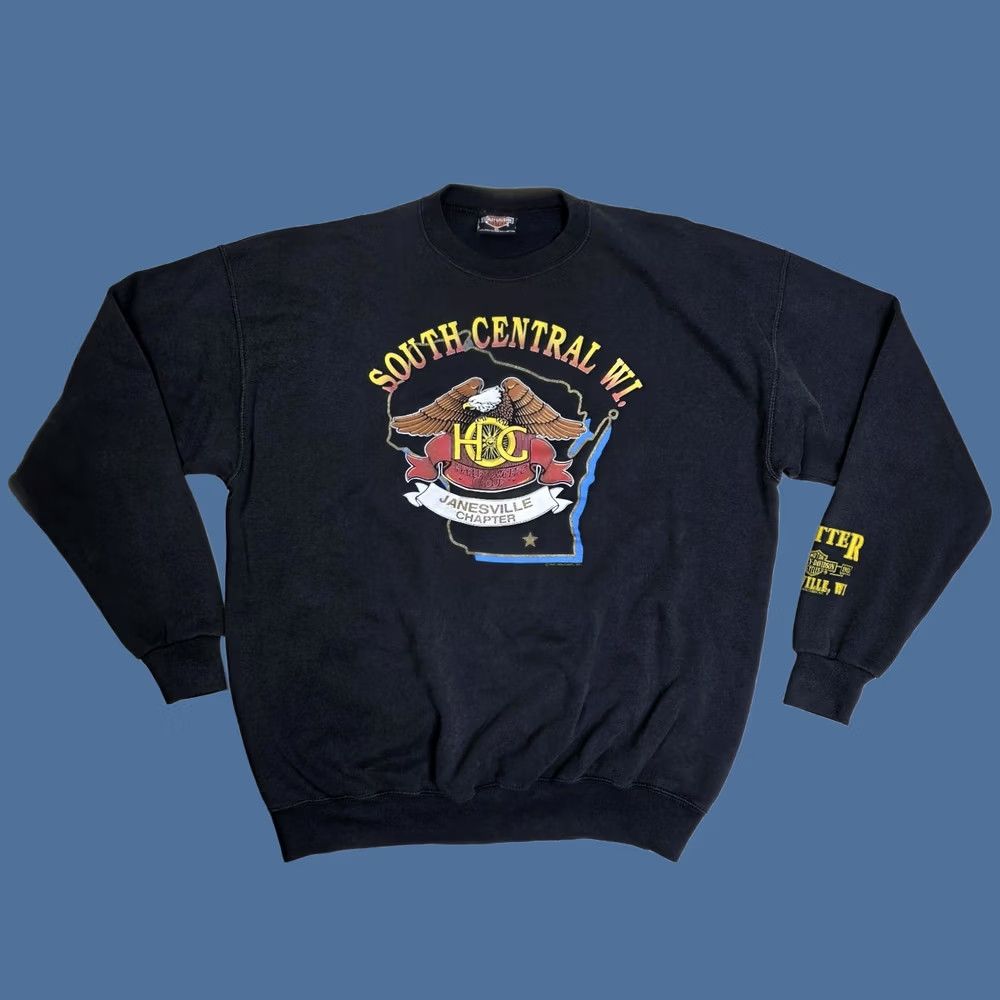 Harley Davidson VINTAGE Harley-Davidson Owners Group South Central Wisconsin Eagle XL Crew Neck Shirt Mens Black Cotton 1990s Double-Sided Regular Fit Size US XL / EU 56 / 4 - 1 Thumbnail
